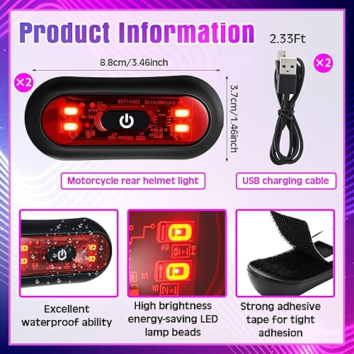 Miniatura 2 de Juego de 2 luces LED rojas para casco trasero de motocicleta, luces traseras recargables para casco de advertencia de seguridad con cable USB