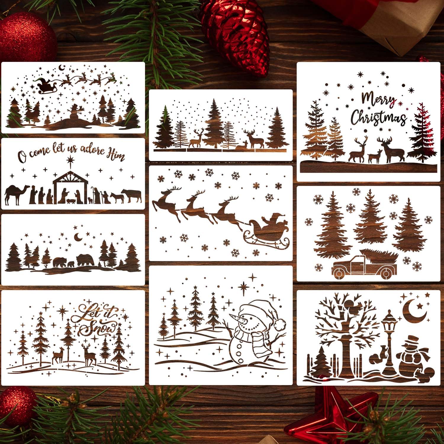 Christmas Stencils for Painting on Wood Large Christmas Scene Stencil Reusable Pine Tree Santa Deer Nativity Holiday Drawing Templates for Window