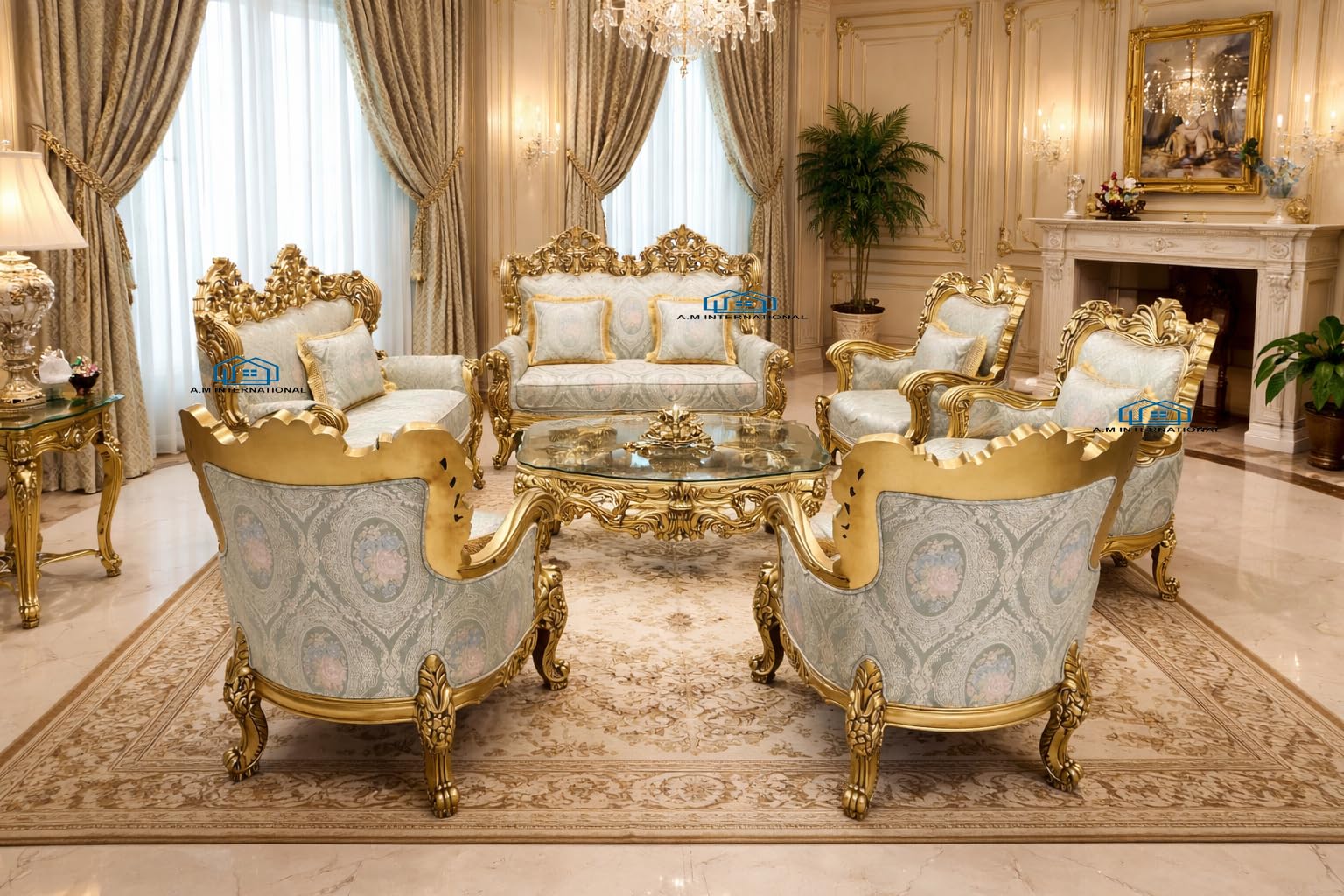 Luxury Hand-Carved Royal Sofa Set for Living Room | Classic Gold Finish Wooden Sofa with Premium Upholstery | Designer Palace Style Furniture Set-image-29