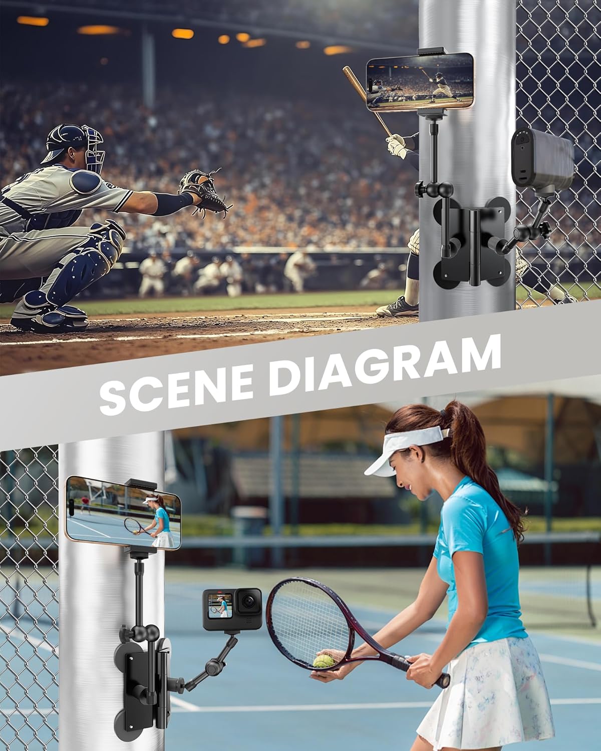 Magnetic Phone Mount Compatible with DJI Osmo Pocket 3, Mevo Start, GoPro, iPhone, and Action Cameras for Recording Baseball, Softball, Tennis, Golf, Game Changer, 360° Adjustable Handle