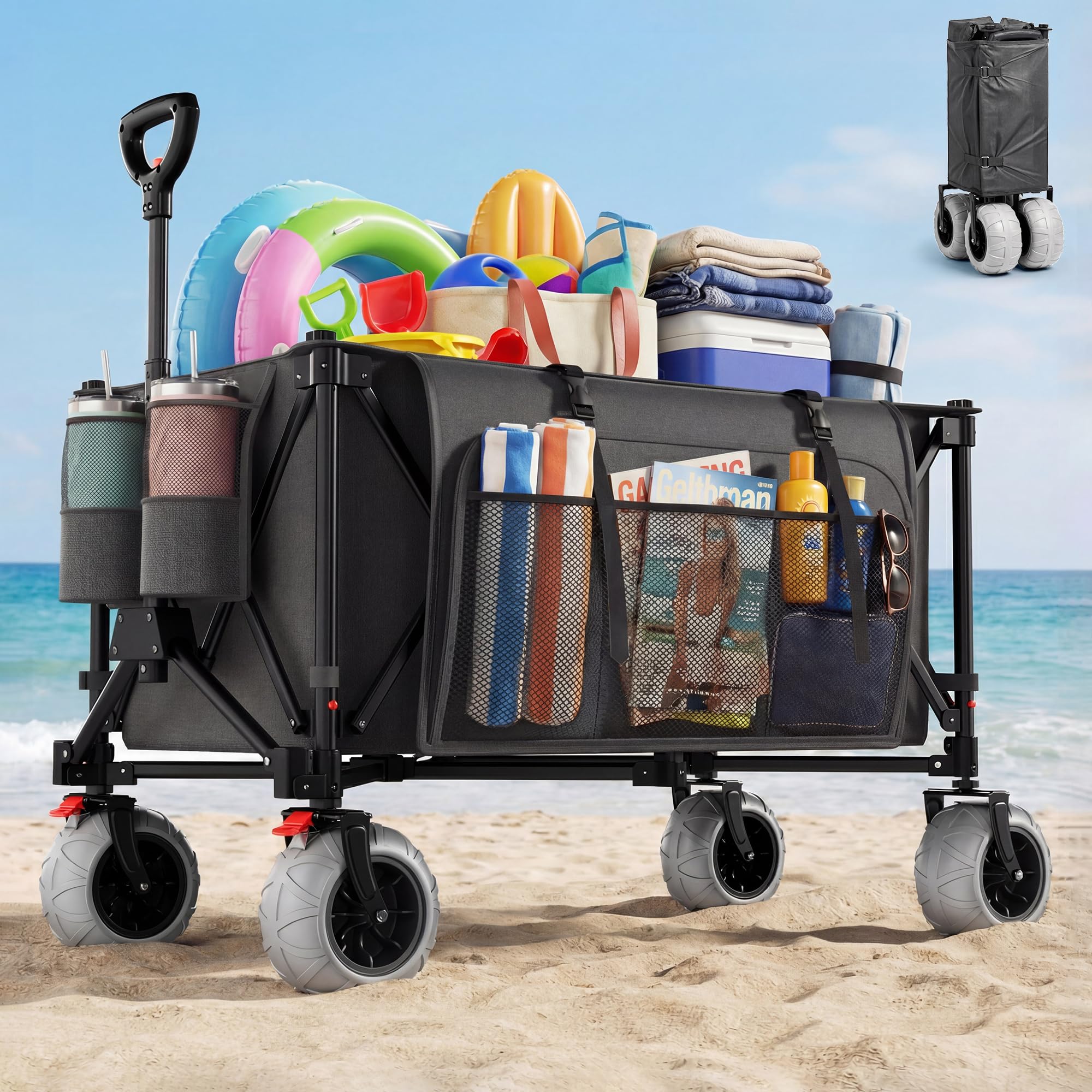 Devoko Folding Festival Trolley – 200L All-Terrain Trolley Wagon, 150kg Heavy Duty Pull Along Cart with 9‑Inch Large PU Tyres and Pockets for Beach, Camping, Garden, Shopping - Dark grey