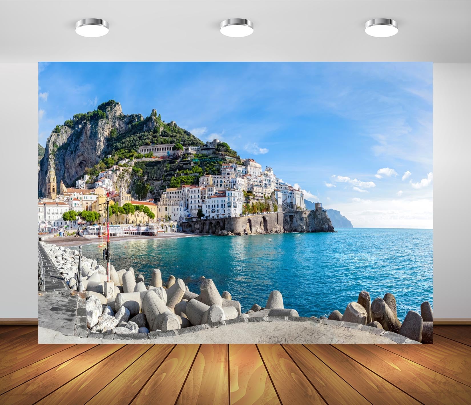 Loccor 12x8ft Fabric Italian Amalfi Coast Backdrop Italy Seaside Town Blue Coastline Scenery Photography Background for Italian Theme Party
