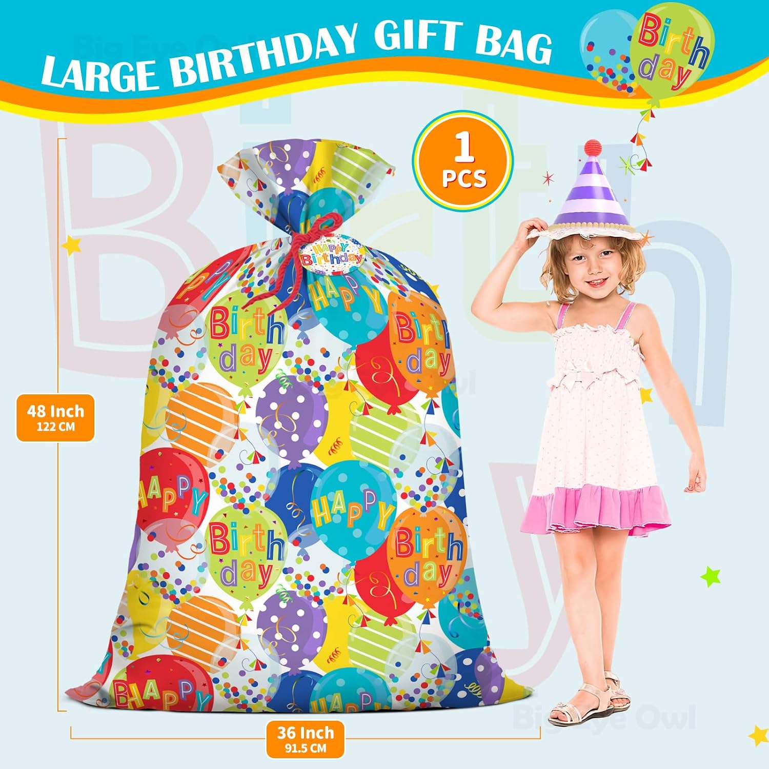 Extra Large Jumbo Happy Birthday Present Bag - 36''x48'' XL Oversized Party Gift Wrapping Bags with Colorful Balloon Confetti Design