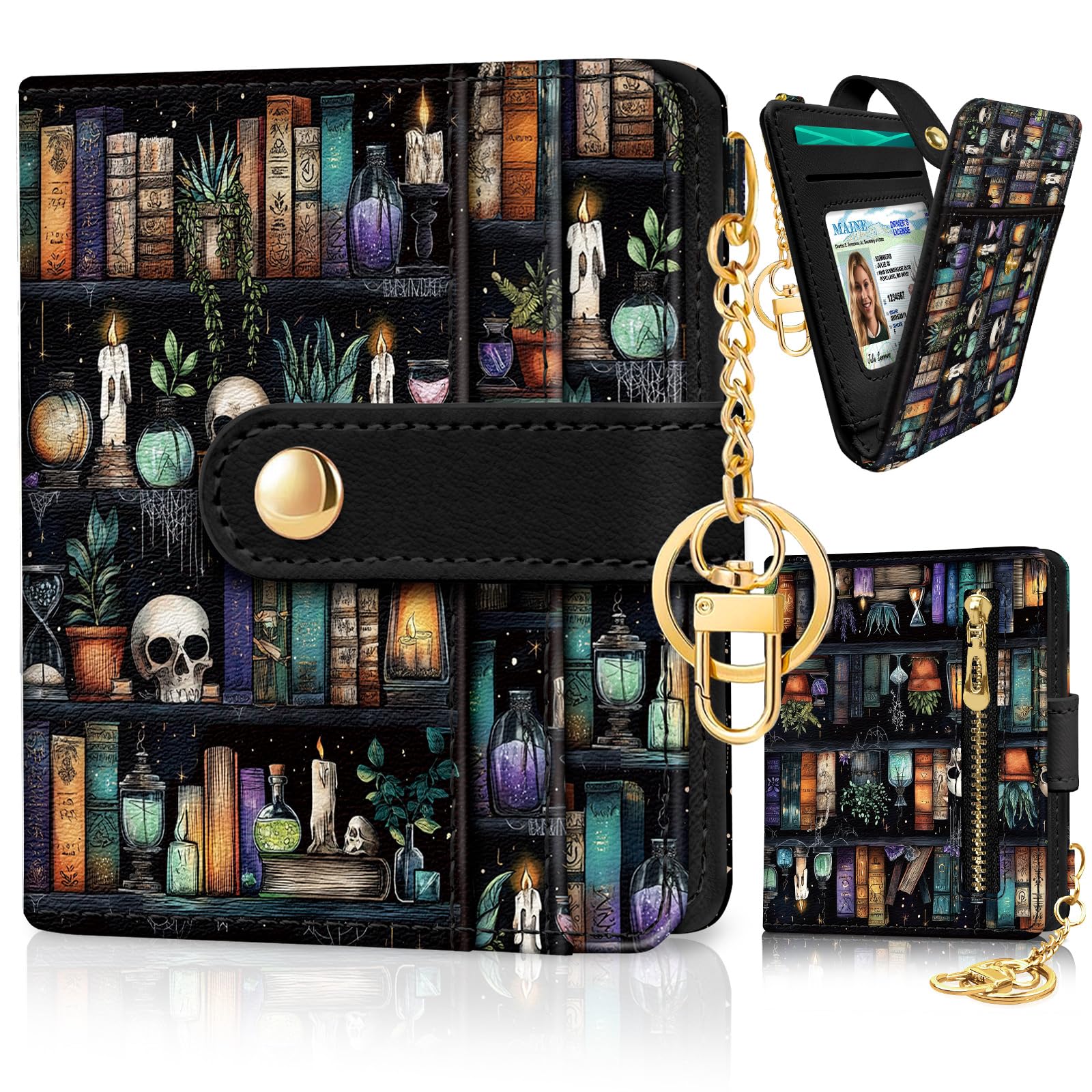 Jogjam Rfid Ladies Wallet, Small Slim Thin Compact Credit Card Women Wallet, PU Leather Bifold Cash Zipper Coin Pocket ID Window for Female: Bookshelf and Skull