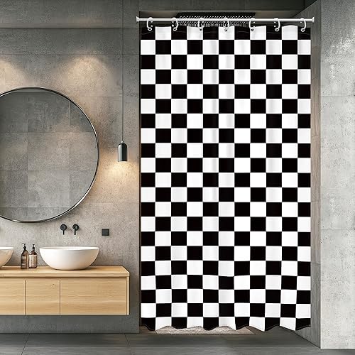 Newsely Cortina de ducha a cuadros de 36 pulgadas de ancho x 72 pulgadas de largo, retro, lindo tablero de ajedrez blanco y negro, vintage,
