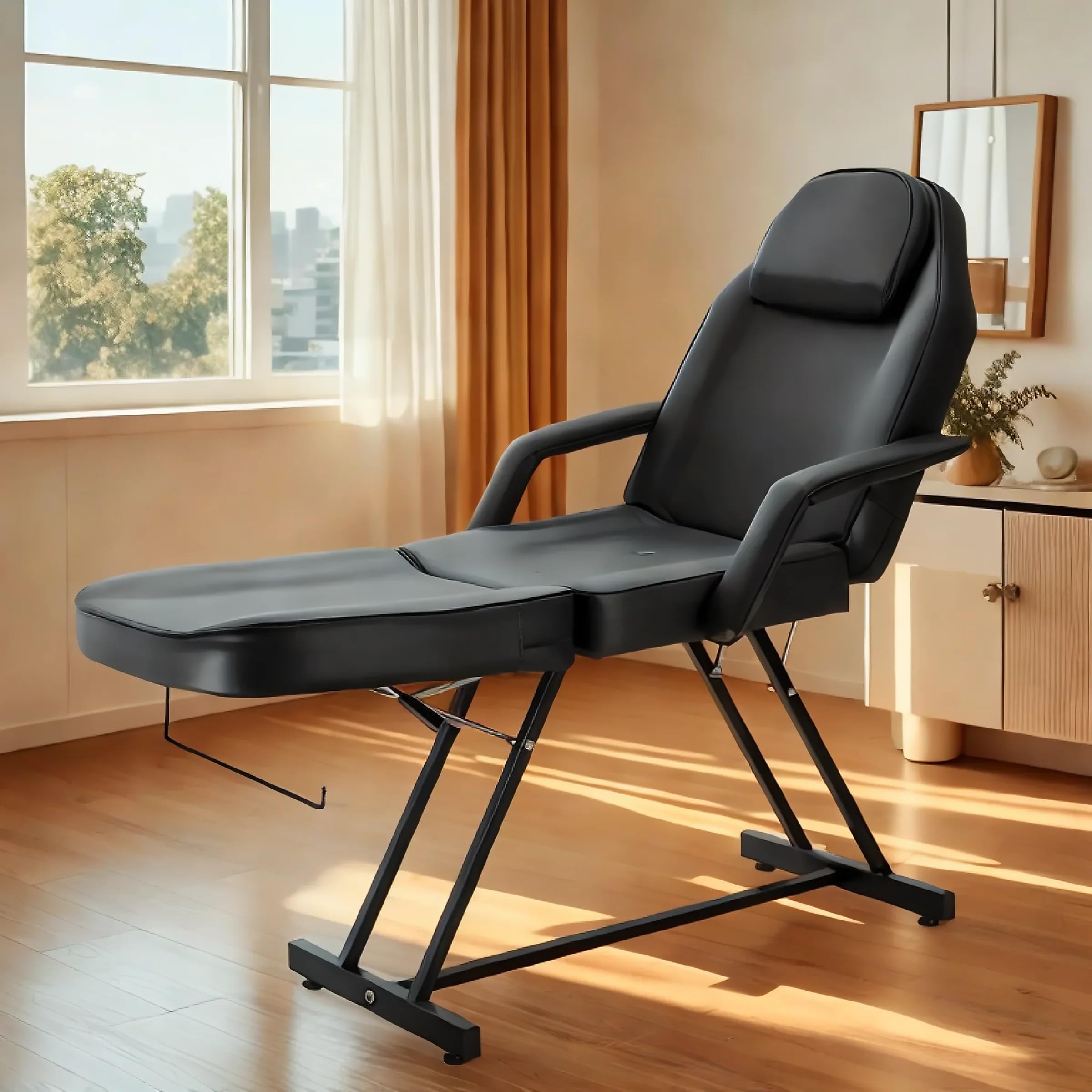 Camilla de Masaje Ajustable Cama de Masaje Plegable de Cuero PU con Taburete para Uso Profesional y Doméstico (Negro)