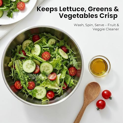 Miniatura 5 de Ensaladera de acero inoxidable grande  Cuenco de lavado de frutas y verduras con colador  Molinillo de lechuga, limpiador de frutas, secadora de