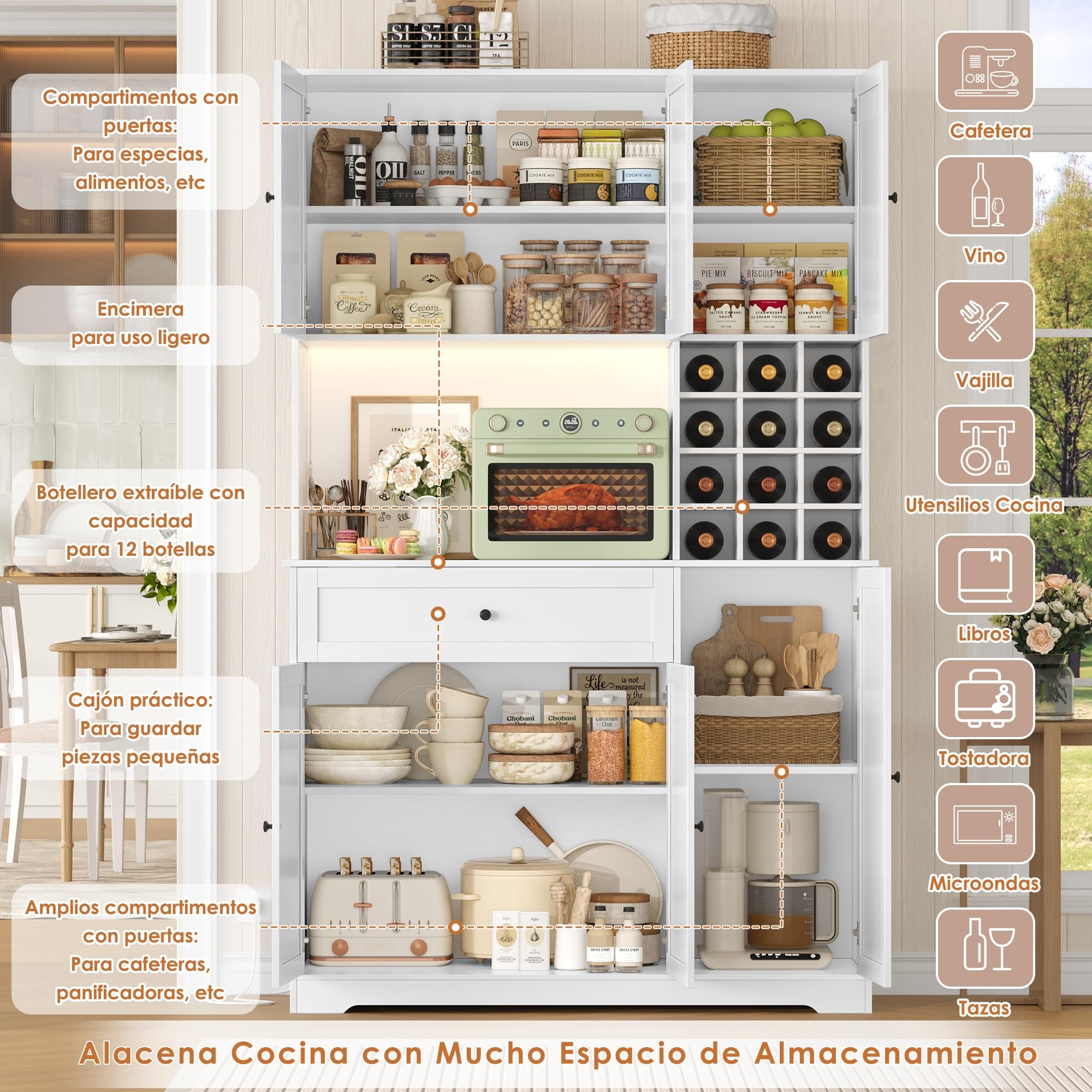 FirFurd Alacena Cocina Grande, Armario Cocina Almacenaje, Mueble de Cocinas | Armario Despensa Cocinas con Iluminacion LED, Regleta, Encimera, Botellero 12 Botellas, 1 Cajón 100x39x180cm Blanco