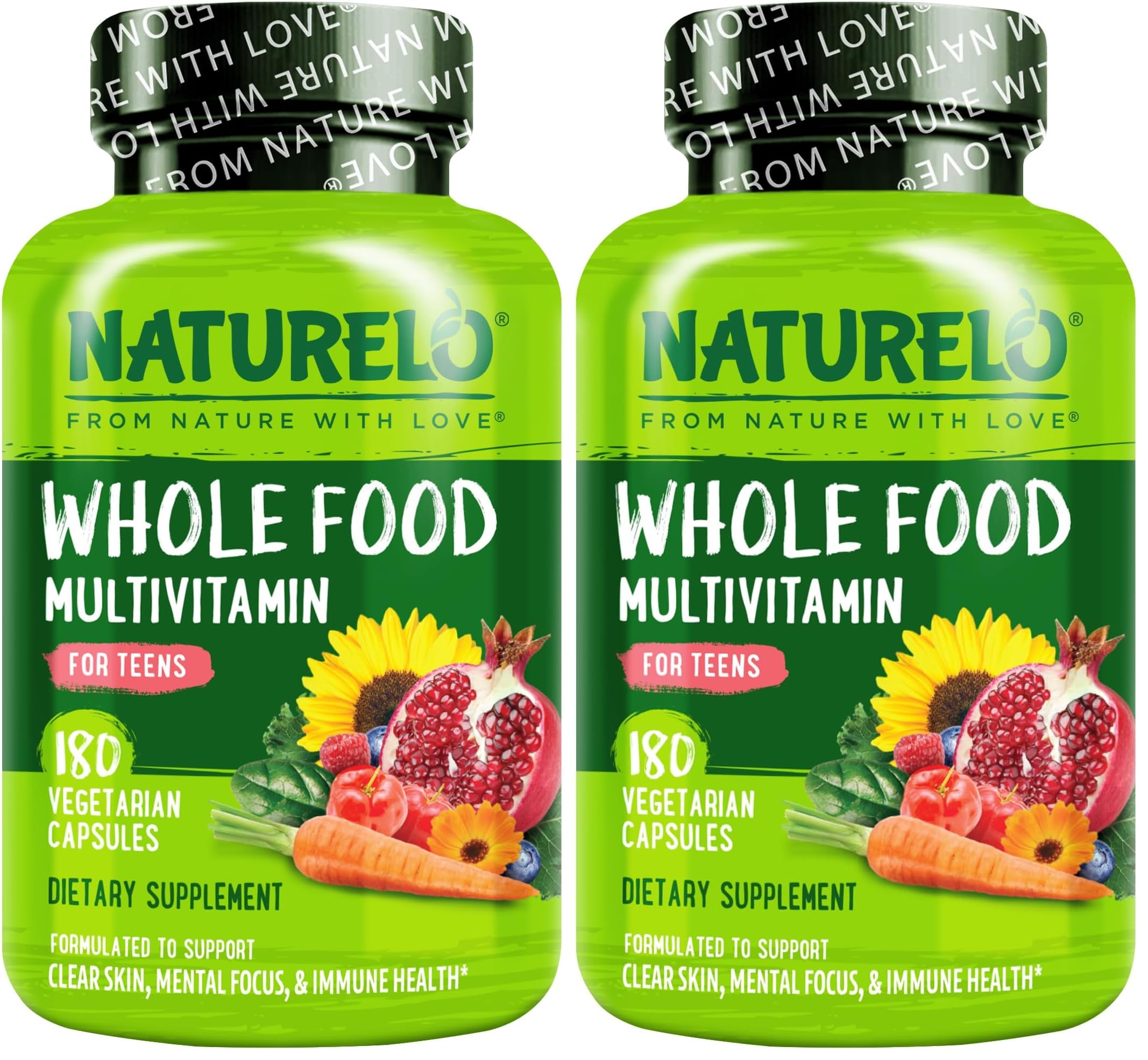 NATURELO Multivitamins for Teenage Girls/Boys, 180 Capsules, Whole Food Multivitamin with Minerals, Non-GMO, Vegetarian (Pack of 2) 180 Count (Pack of 2)