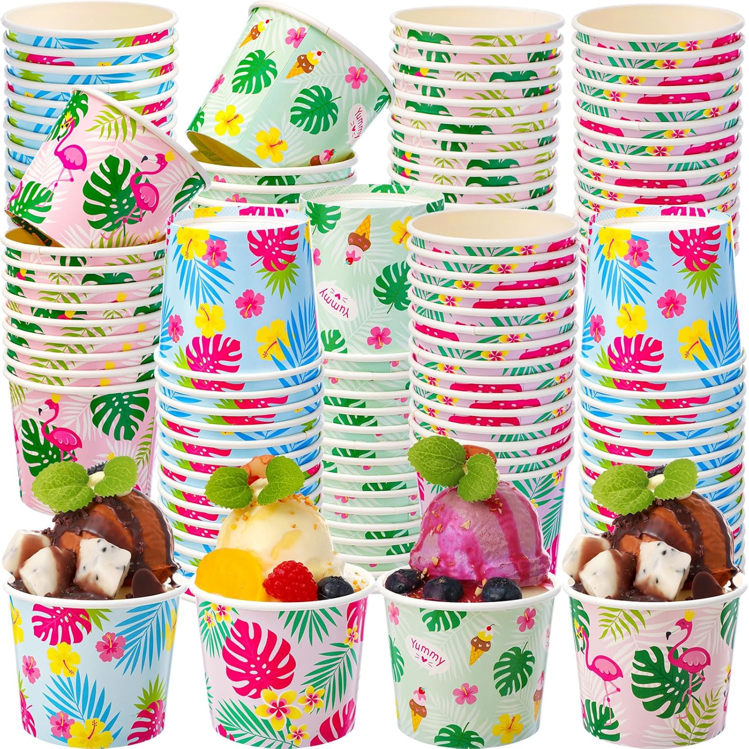 200 Pcs Hawaiian Ice Cream Cups Flamingo Ice Cream Bowls Bulk Paper Disposable Tropical Dessert Treat Bowls Snack Cups for Summer Birthday Hawaiian Flamingo Party Supply Decoration (6 oz)