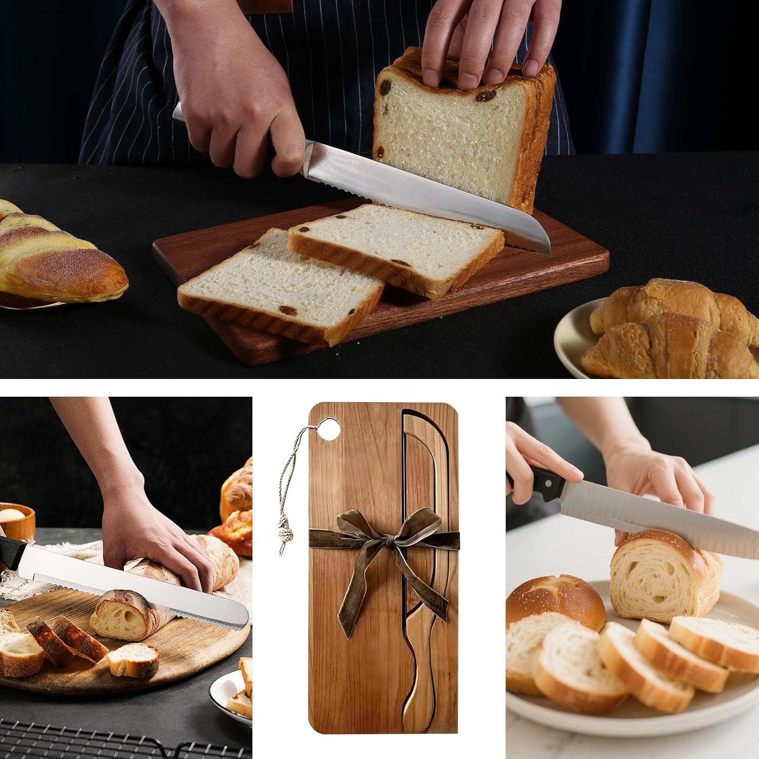 Bow-Shaped Slicing Tool, Bread Cutter for Left and Right Hands with Portable Wood Tray, Durable Material with Ergonomic Design for Home Kitchens Restaurants Apartments Breakfast Bagels