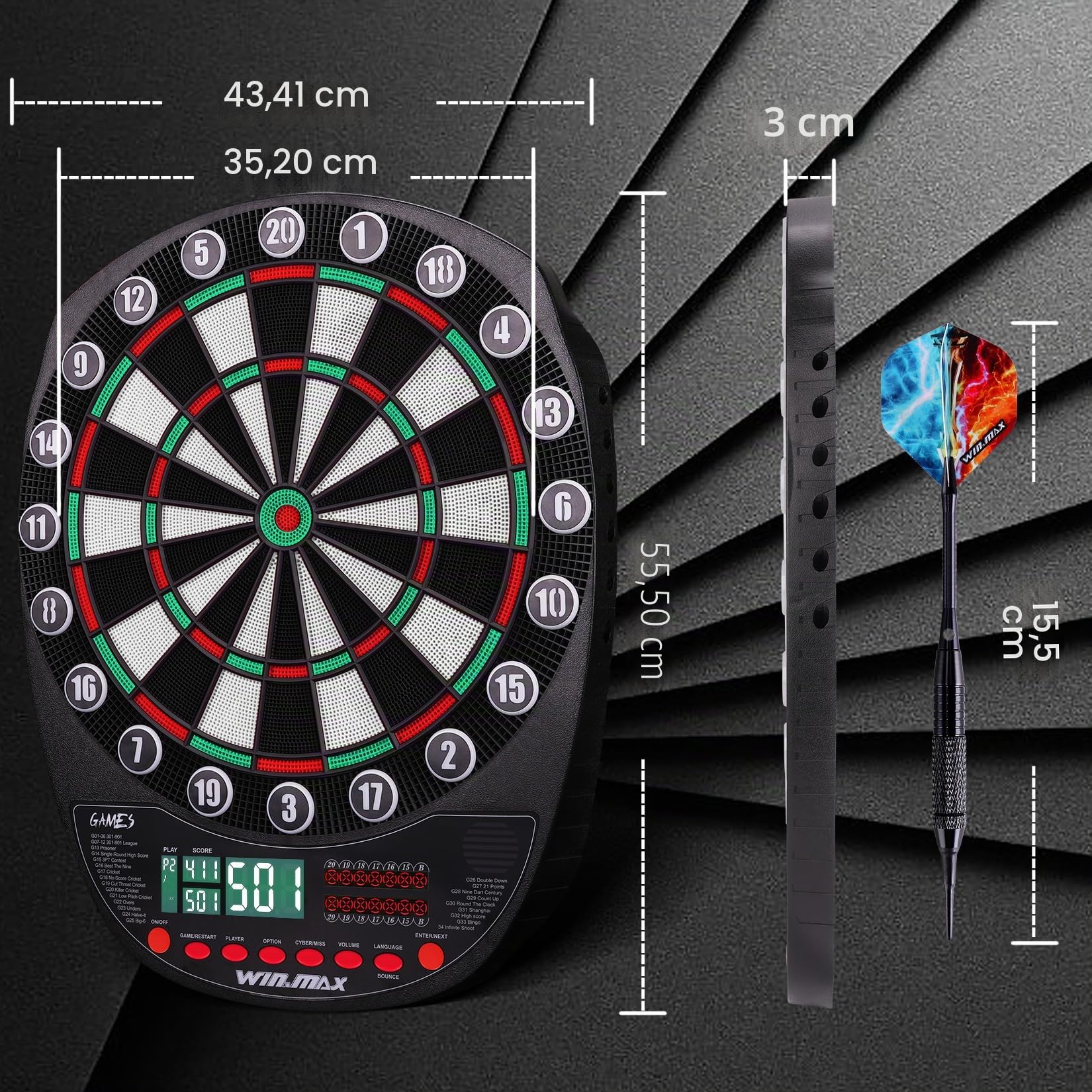 WIN.MAX Elektronische Dartscheibe 34 Games mit 354 Varianten mit 12 Dartpfeile