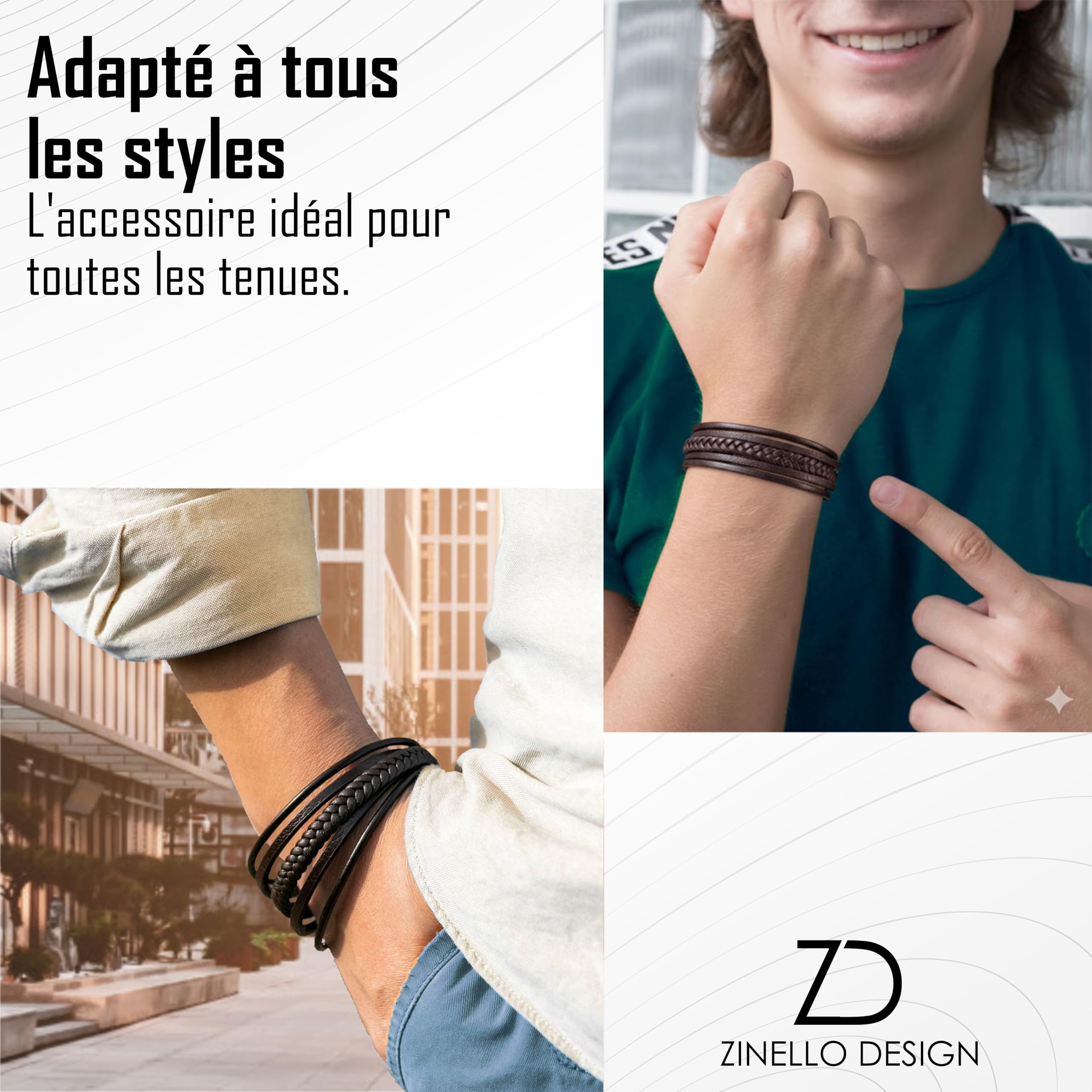 Bracelet en cuir pour ado garçon/jeune homme – Cuir véritable, fermoir aimanté acier inoxydable, taille ajustable 14 à 18,5 cm, coffret cadeau