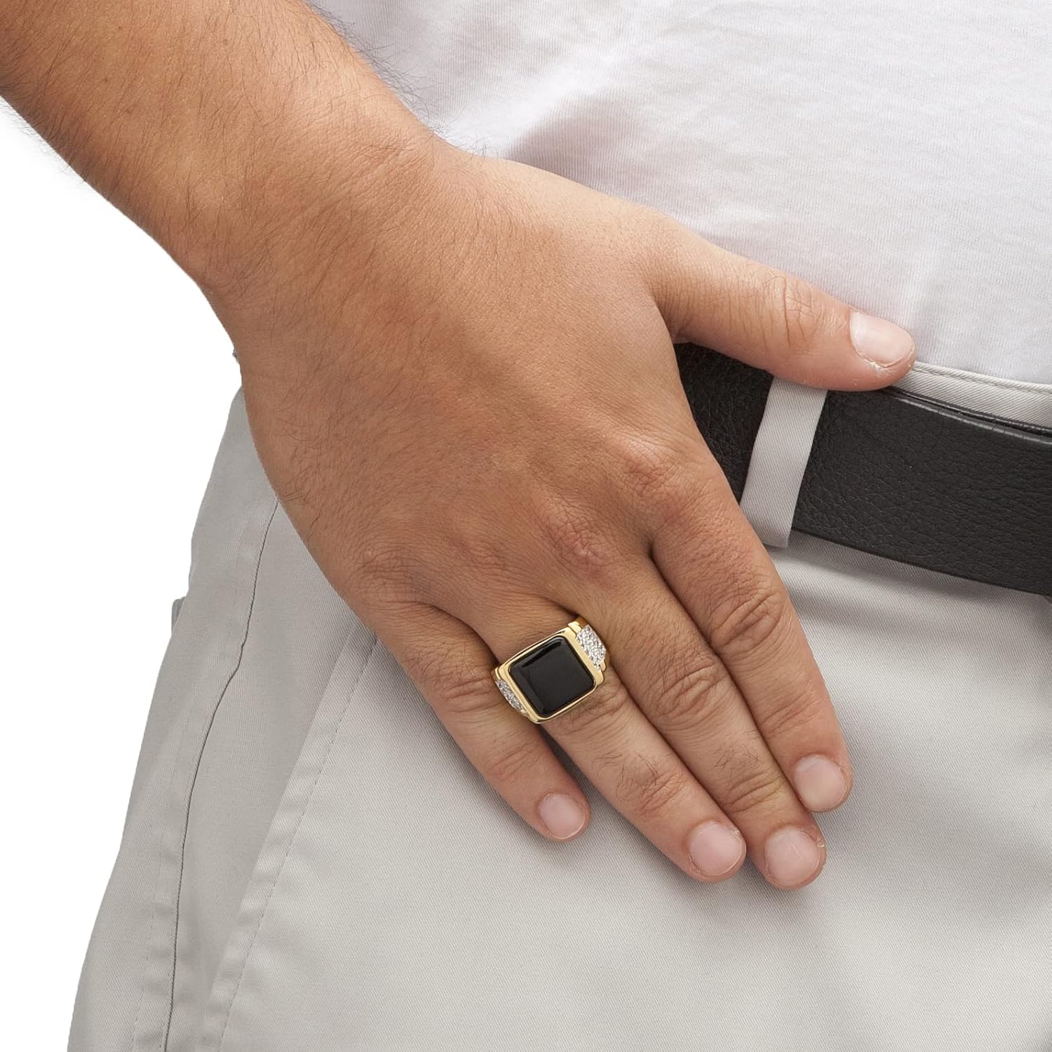 PalmBeach Men's Yellow Gold-Plated Cushion Natural Black Onyx and Round Cubic Zirconia Ring Sizes 8-16