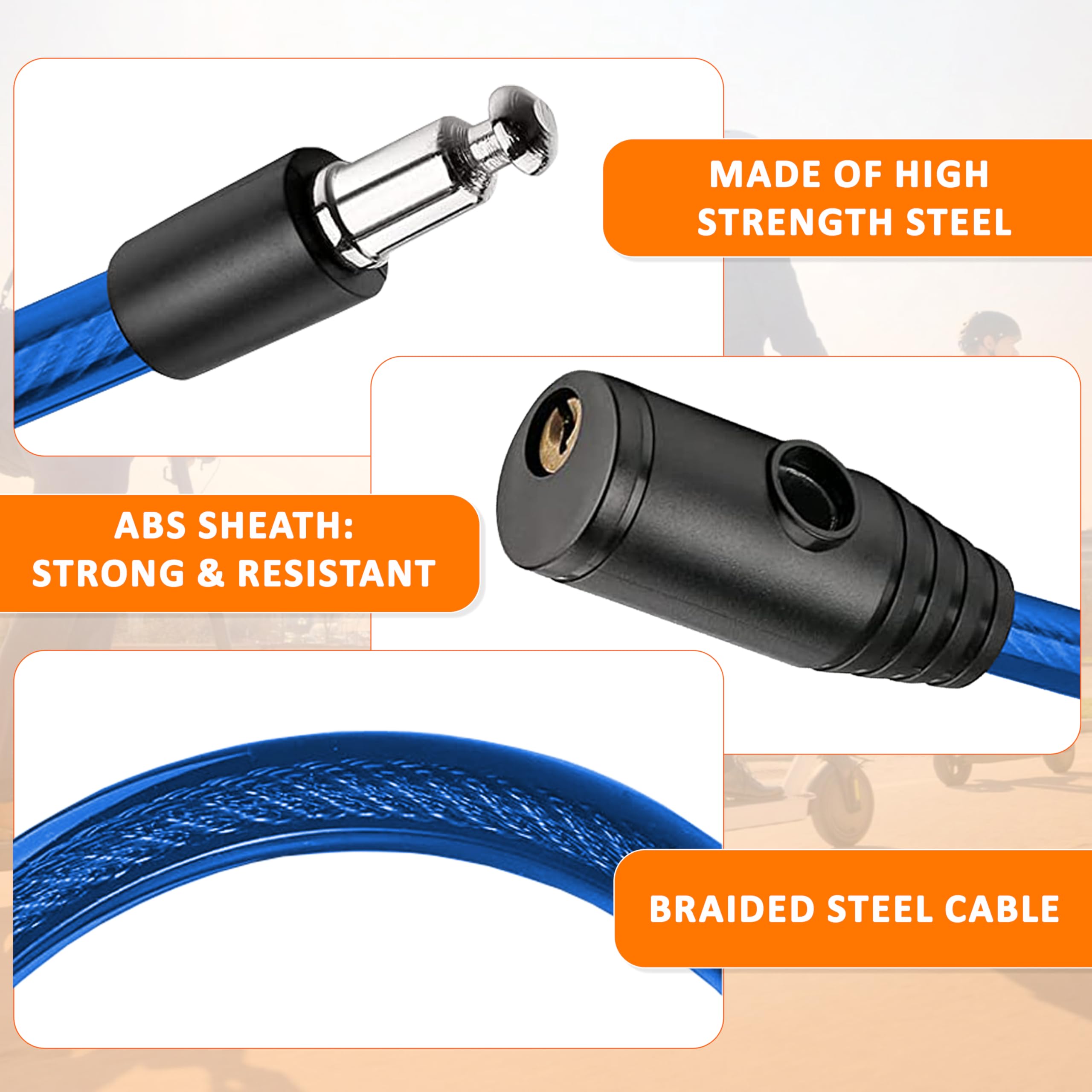Sovica Electric Scooter Lock Double Security 2 Units Steel Cable 60 cm Advanced Lock with Key Safe Robust Practical Easy to Store Blue - Image 3
