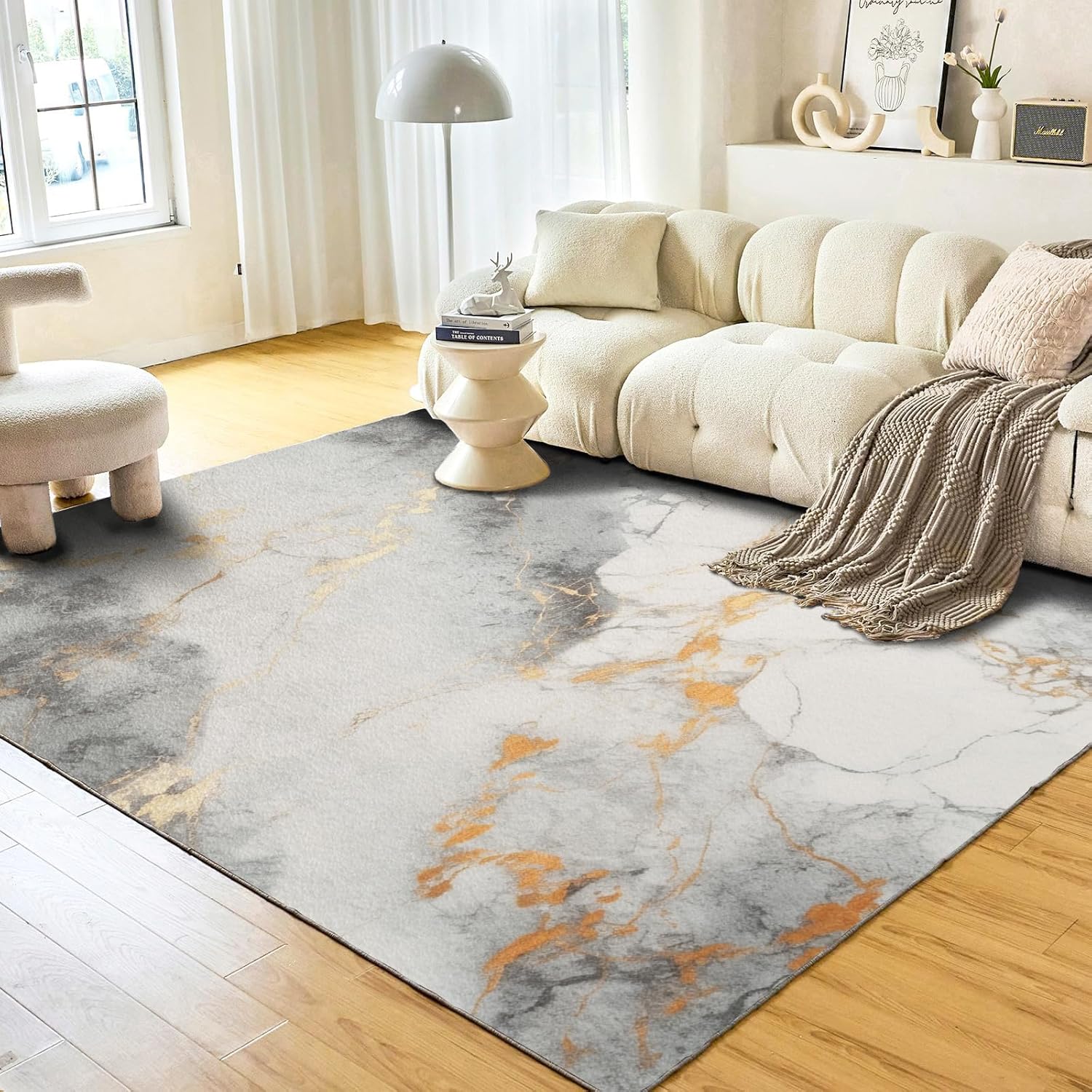 Area Rug 5 x 7 Feet / 150x210 cm Rugs for Bedroom Living Room, Super Soft and Comfy Carpet, Cute Carpets for Kids Nursery Boys Girls Home Gray Gold Abstract Marble Pattern