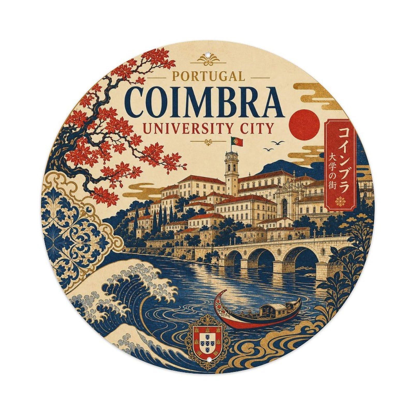 Coimbra Historic College Portuguese Woodblock Landmark Metal Tin Sign