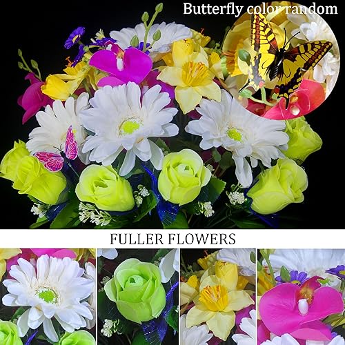 Miniatura 4 de Sillín de flores de lápida artificial para tumba, juego de 3 piezas de flores de cementerio, ramo colorido con mariposa viva, arreglo conmemorativo