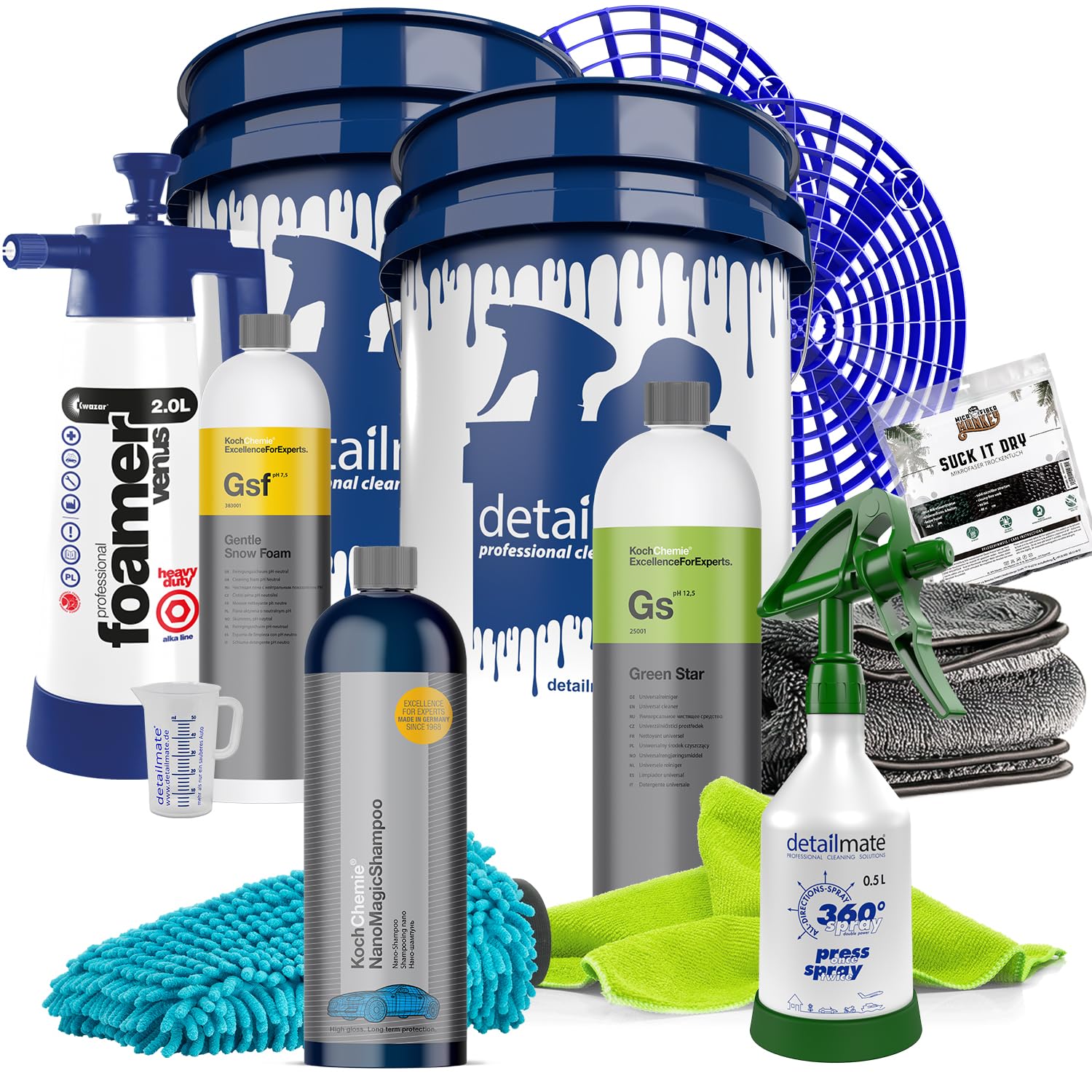 Detailmate Set di Schiuma Attiva: Koch Chemie GSF Gentle Snow Foam da 1L, Schiuma detergente Universale Green Star, detergente Universale da 1L, Kwazar Super Foamer Alcaline + misurino da 50ml