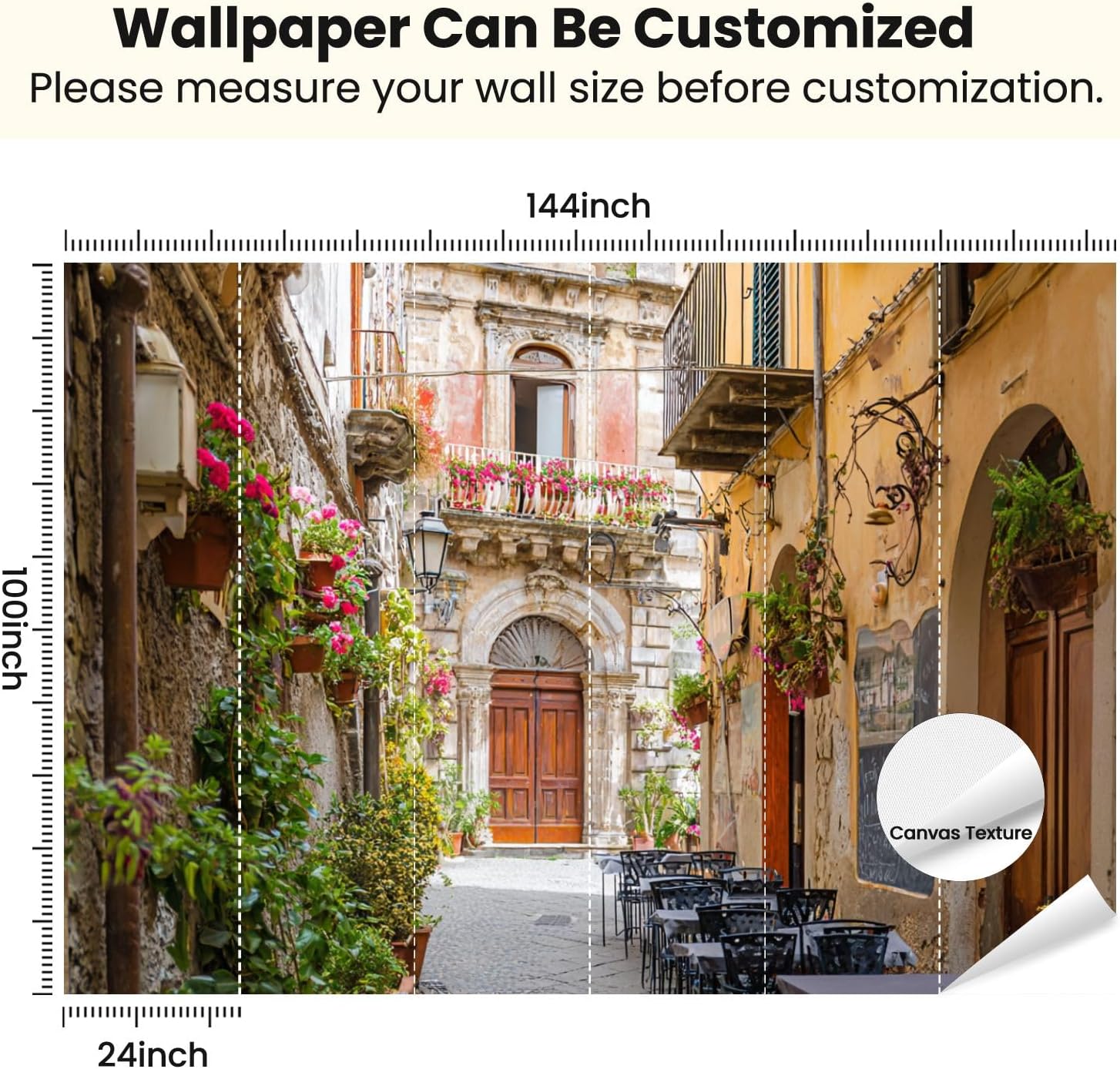 Modern Peel and Stick Wall Mural Wallpaper Cafe Tables Chairs Outside Old Cozy Street Positano Town Italy Self Adhesive Removable Wall Stickers for Living Room Bedroom TV Background 100"x144"