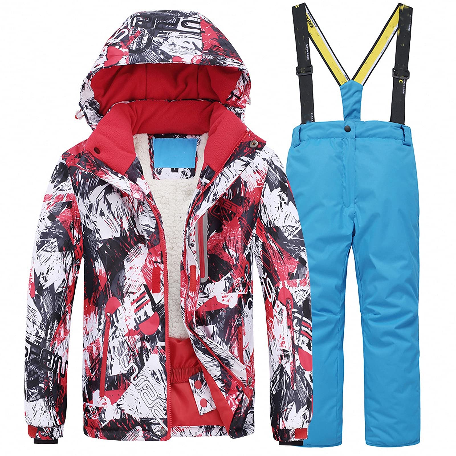 Kinderskianzug+Abnehmbarer skioverallanzug/Schneehose,Wind und wasserdichte Snowboardjacke für Jungen mädchen,verdickter Warmer Skijacke Snowboarden bergsteigeranzug