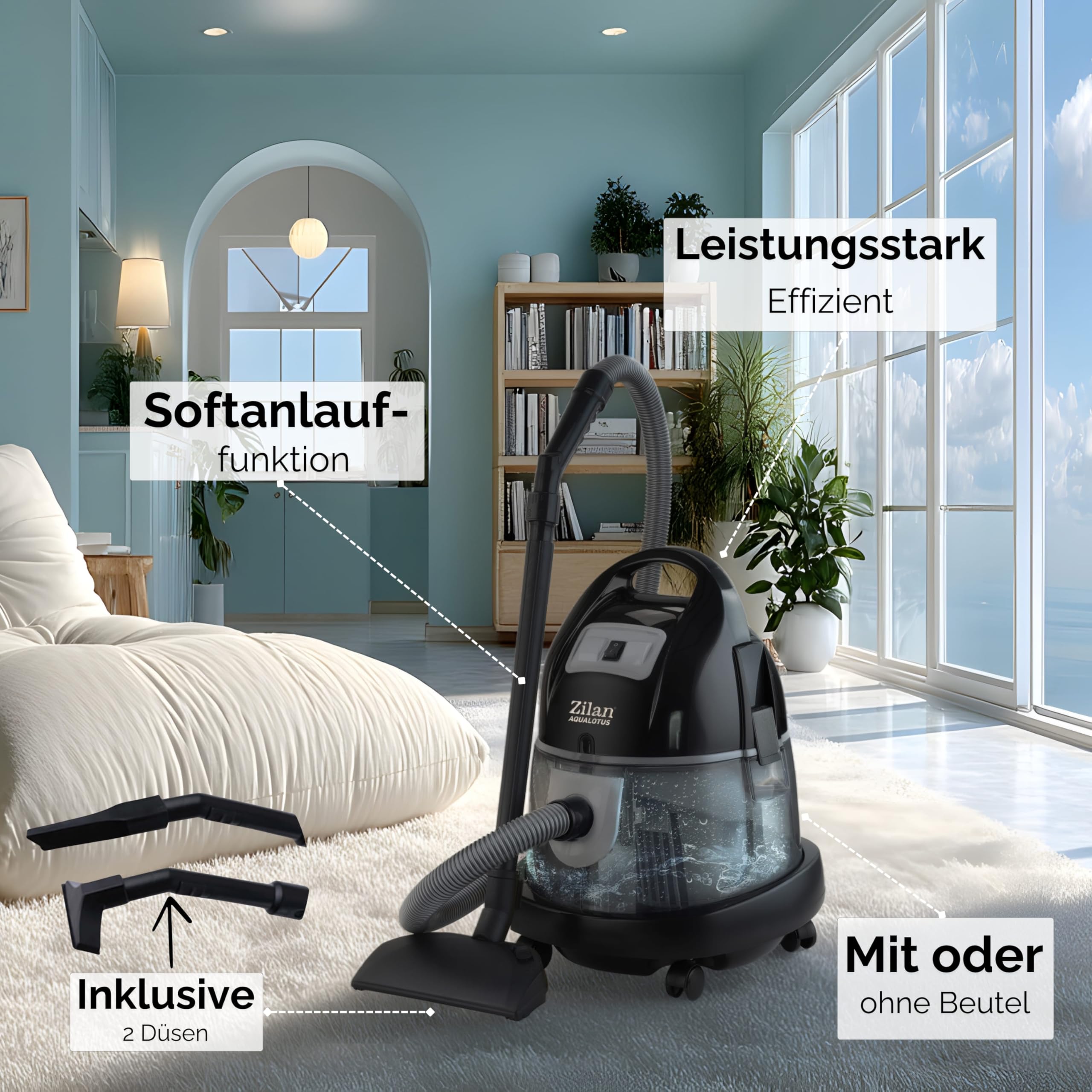 Zilan Aspirateur avec filtre à eau sans sac H20 - Puissance d'aspiration 2000 W - Aspirateur sans sac - Tuyau à 360° - Convient pour les personnes allergiques - Convient pour tous les sols et tapis