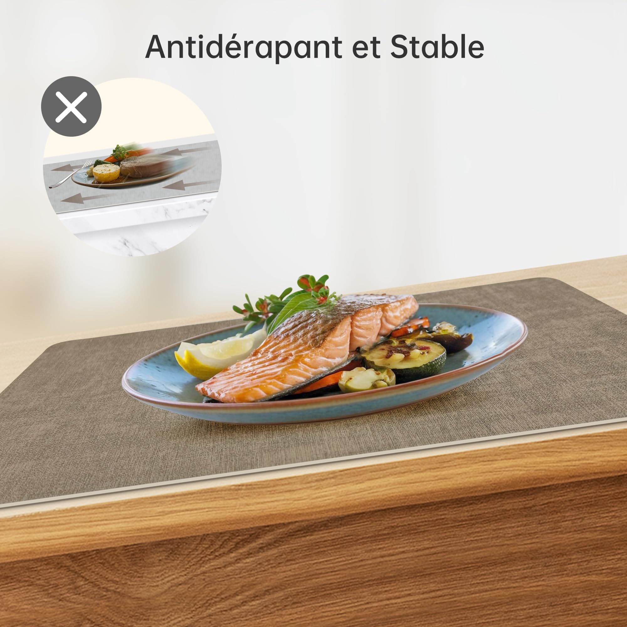 KitchenBoss Podkładki stołowe zmywalne i zestaw 6 podstawek: podkładki placemat, antypoślizgowe, odporne na wysokie temperatury, dwustronne podkładki, zmywalne, z PCW do jadalni (szare, morelowe) 43 x