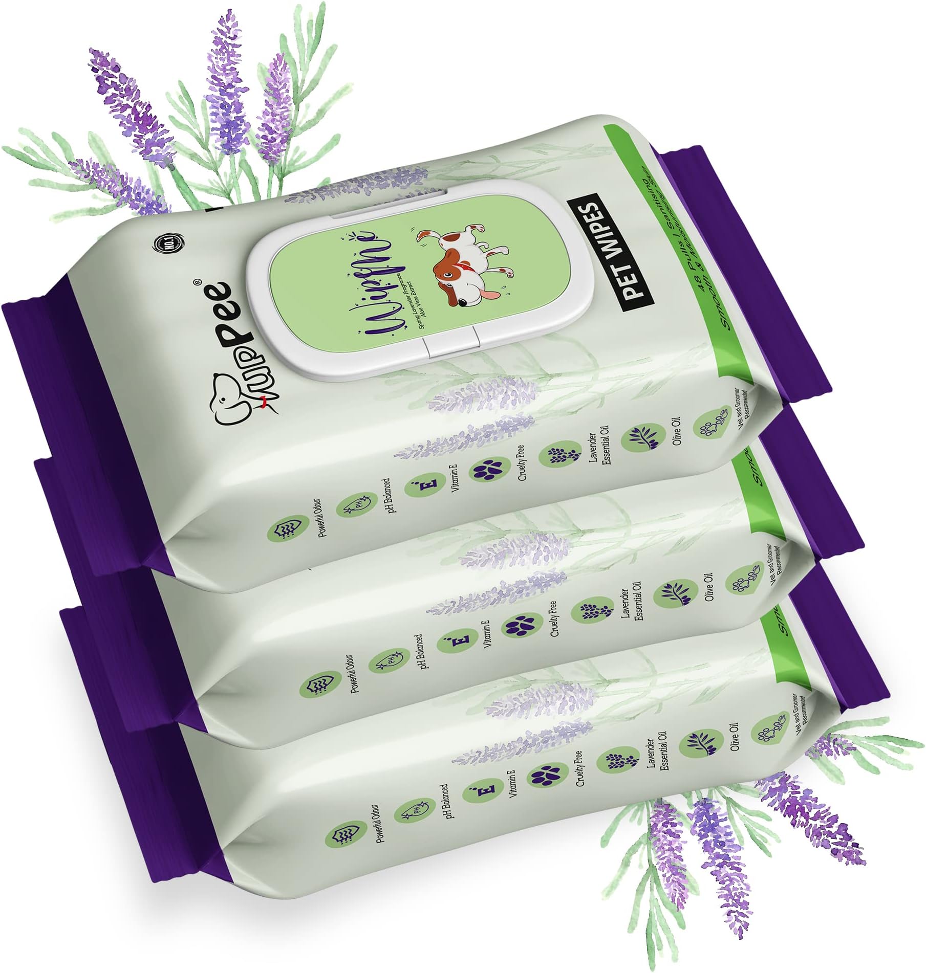 PUPPEE Wipe ME 100% Biodegradable 144 Count (Pack of 3) Wet Wipes for Dogs, Cats & All Pets | Lavender Essential, Vitamin E & Olive Oil | Anti-Bacterial | Cleansing, Deodorising & Grooming Wipes