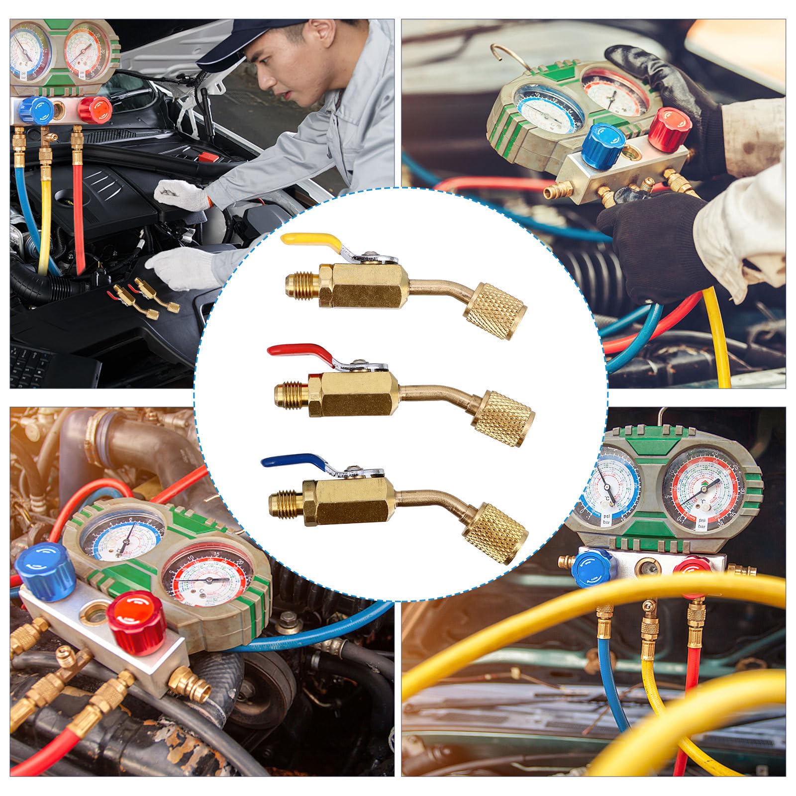 NUOBESTY Raccord Frigorifique 3 Pièces en Cuivre Vanne à Bille Coudée 45 Degrés, Facile à Installer, Adapté pour Manifold et Réfrigérants de Climatisation Automobile
