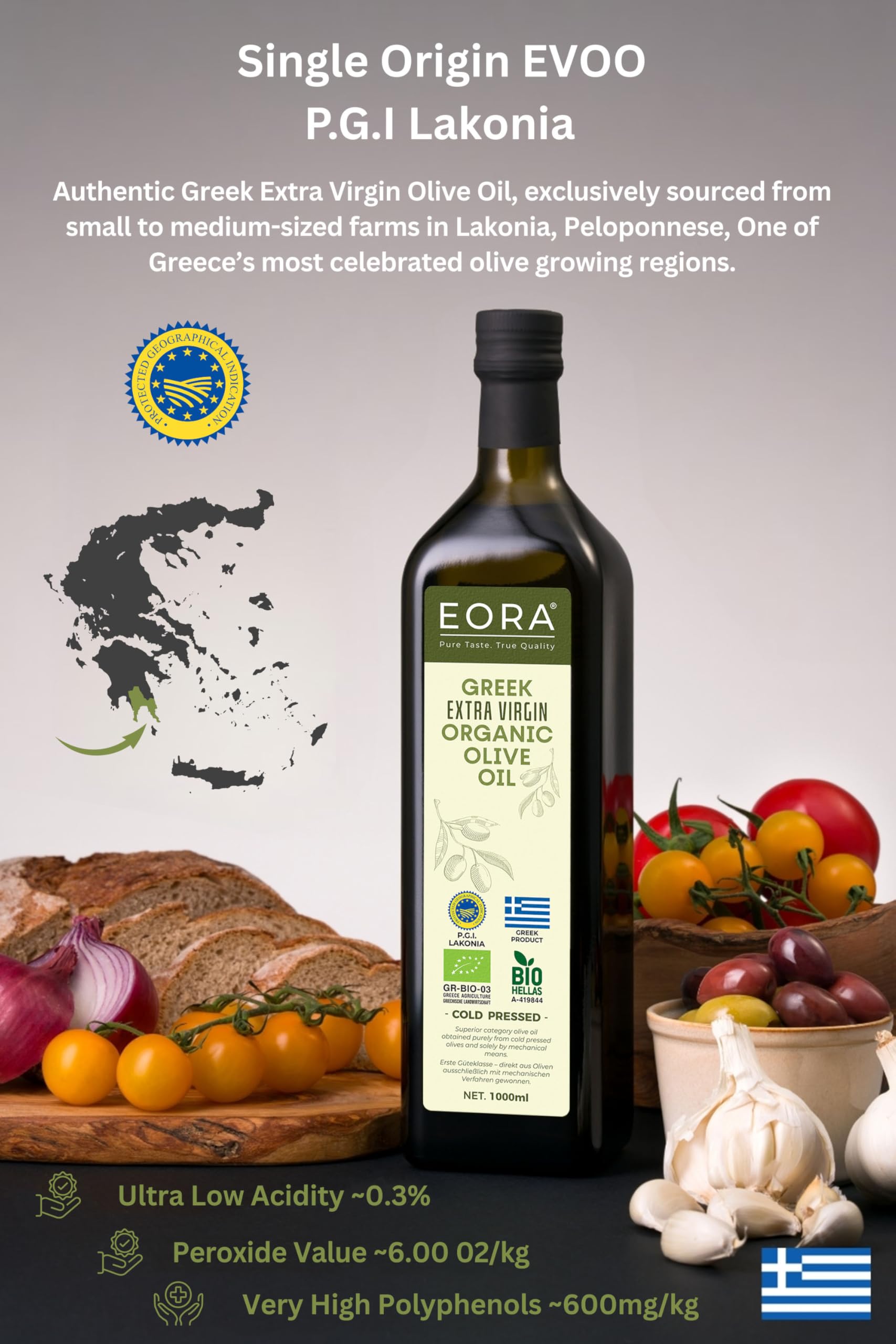 EORA Huile d’Olive Extra Vierge Grecque Bio Premium 1L (Nouvelle Récolte 25/26) – Haute teneur en polyphénols, extraite à froid, très faible acidité ~0,3% – origine unique IGP Lakonie, Grèce