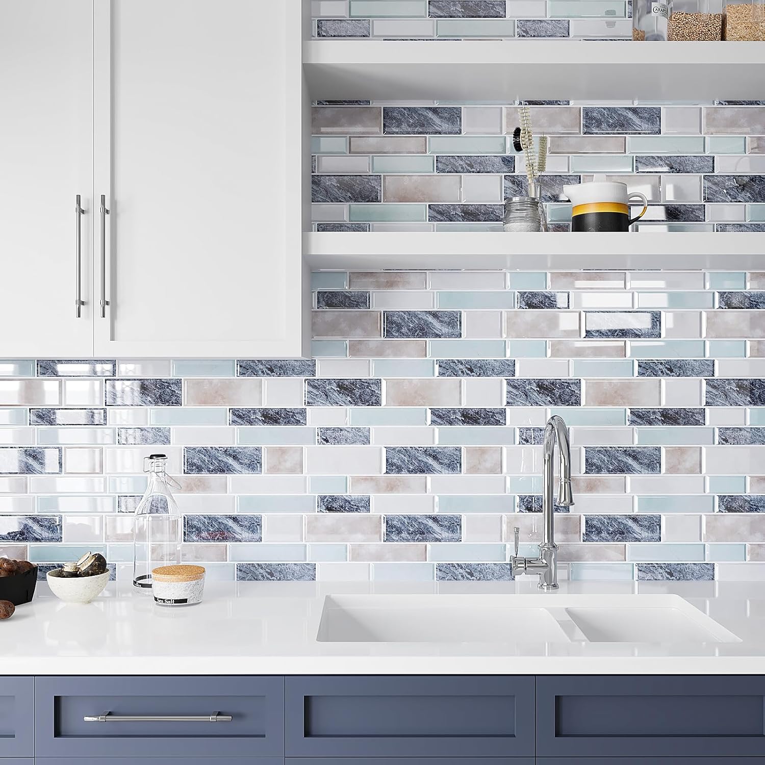 VEELIKE Mosaic Peel and Stick Tile Backsplash Blue Peel and Stick Backsplash for Kitchen Back Splash Stick on Tiles 12-Sheets Waterproof Removable Blue Wall Tiles for Bathroom Laundry Room 12''x12''