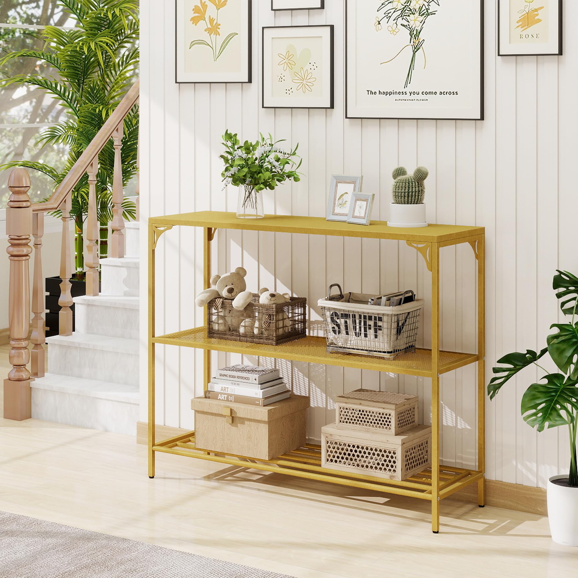HDANI Schmaler Konsolentisch, 100 x 30 x 80 cm, Goldfarben | 2 Regale aus Netz, Metall-Beistelltisch, Für Wohnzimmer, Flur, Schlafzimmer und Büro