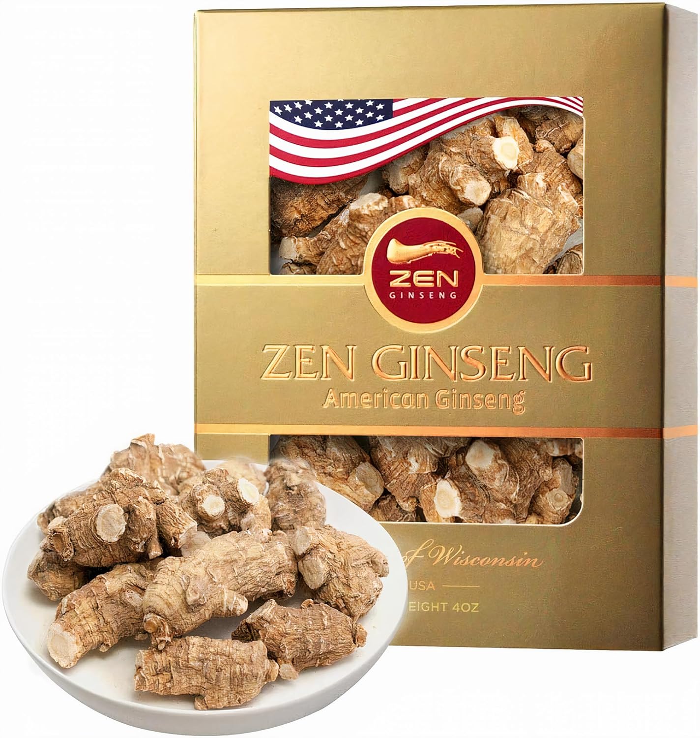 Premium Quality of Extra Large Round - American Wisconsin Ginseng Root (4oz/Box) Boosts Energy, Performance & Mental Health for Men & Women. ZenGinseng USA