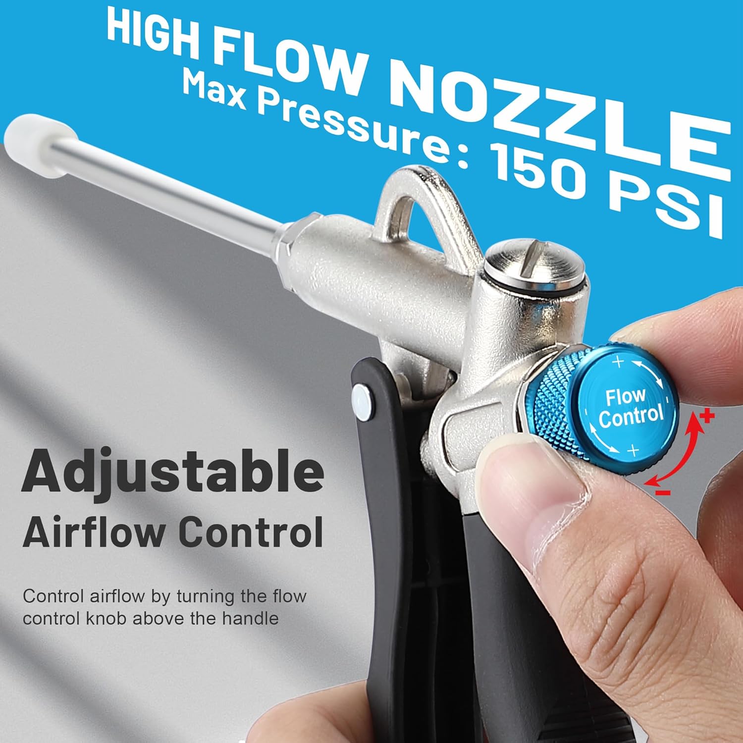 2 Way Air Blow Gun, with Adjustable High Flow Extension Nozzle, 150 PSI 1/4 Inch NPT Air Inlet Compressor Gun, Car Detailing, Blows Dirt and Dust from Surface