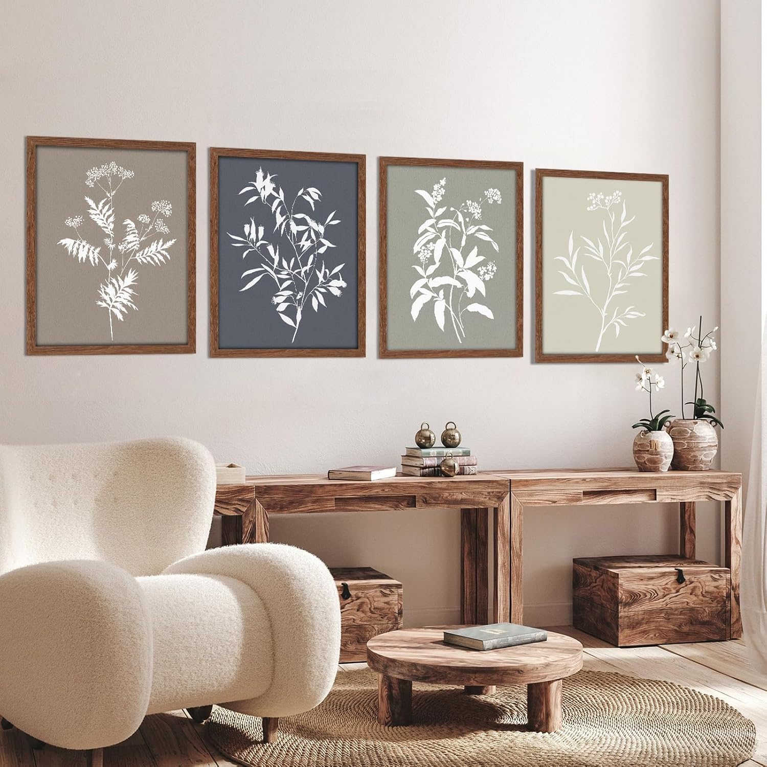 JJY Framed Boho Plants Wall Art Set of 4 -Wooden Wall Art Minimalist Botanical Prints Wall Art Decor Aesthetics -Rustic Vintage Farmhouse Home Living Room Kitchen Bathroom Wall Decor (11"x14")