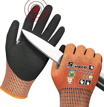 Schwer ProGuard Highest Level Cut Resistant Work Gloves PR3326 for Extreme Protection,ANSI A9 Cut Gloves with Reinforced Thumb, Non Slip, Breathable, Durable, Touch-screen, Orange1 PairS