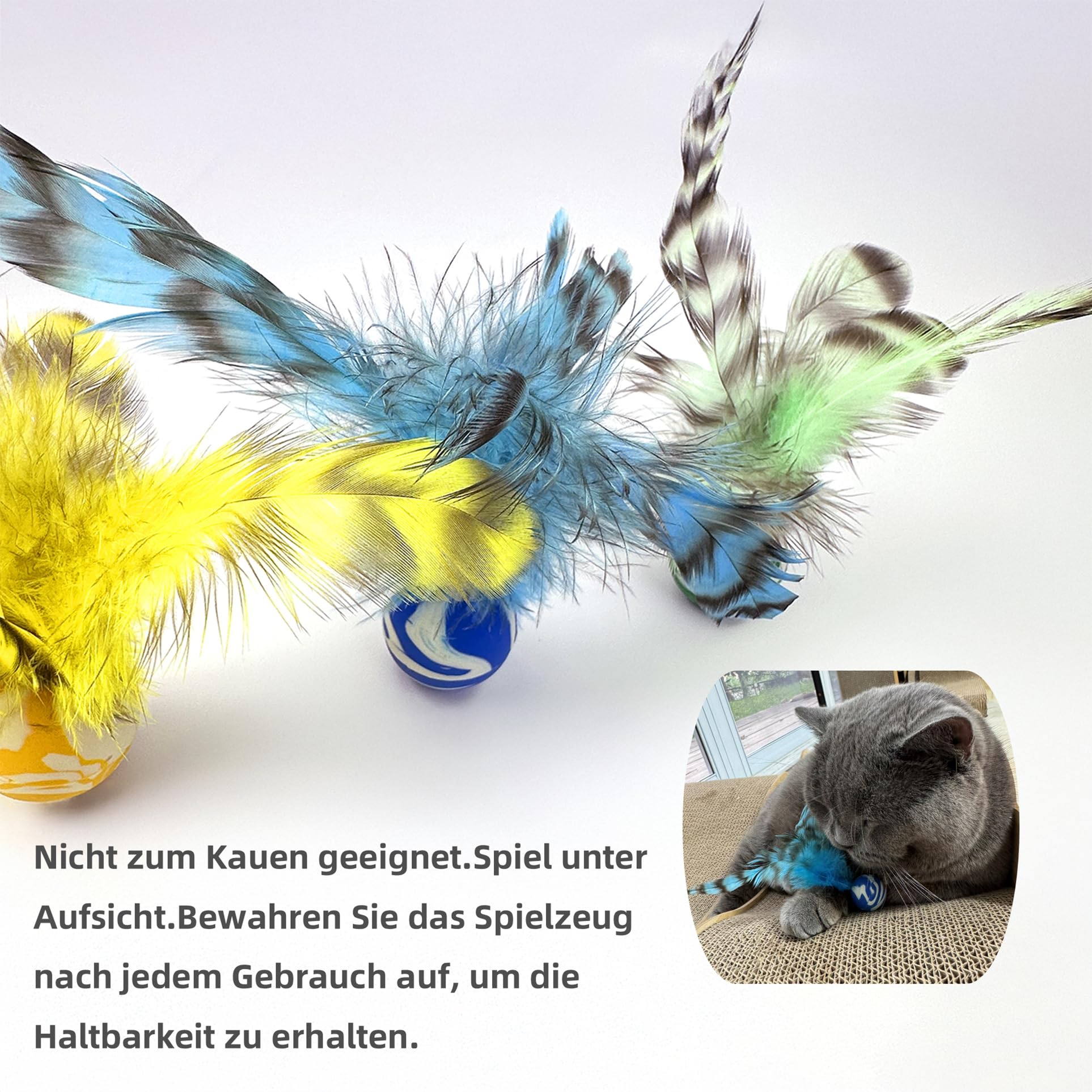 Katzenspielzeug Federbälle – 5er Set robuste Gummibälle mit Federn für Wohnungskatzen, interaktives Rollen- und Jagdspiel für aktive Katzen und Kätzchen