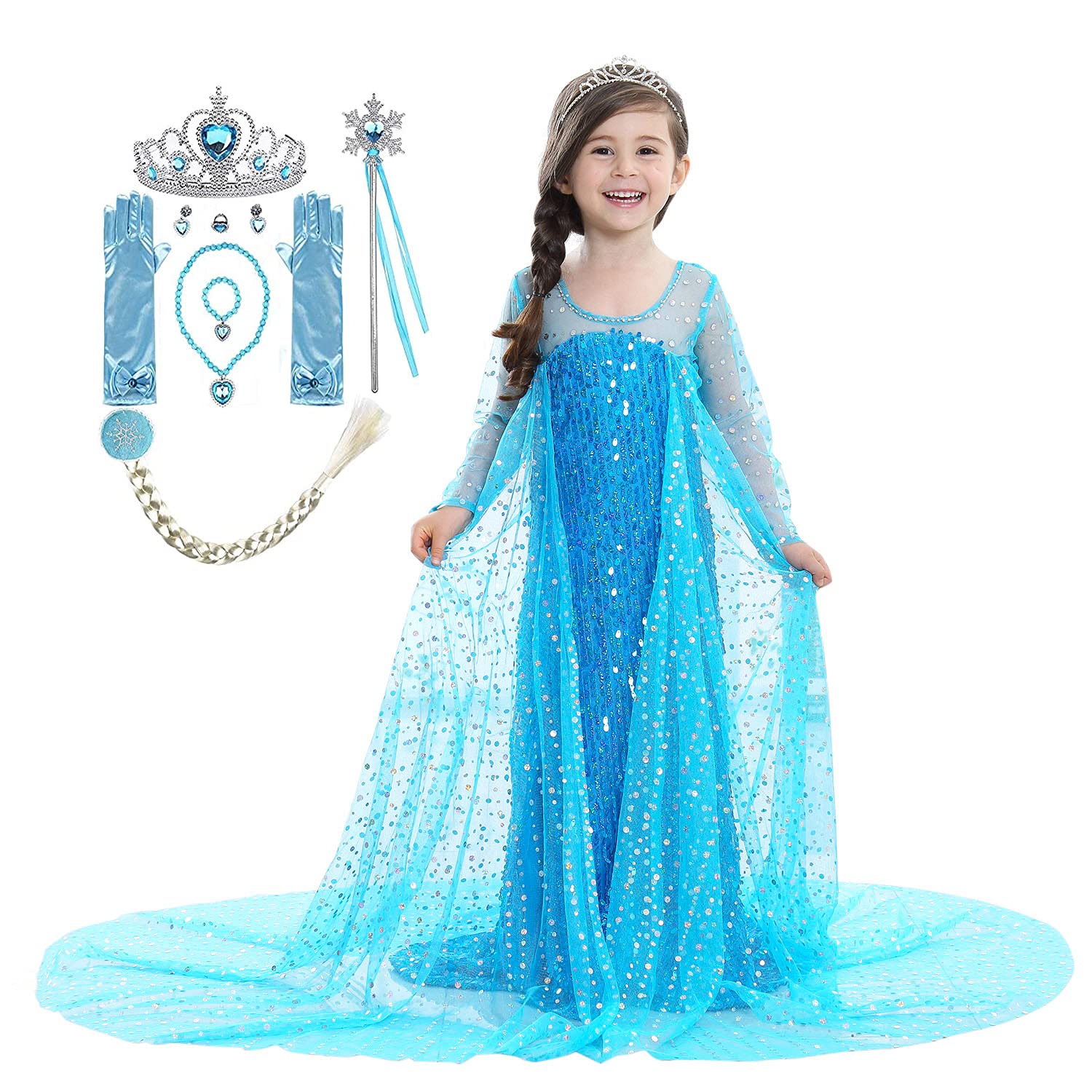YUPPIN Polyester Blend Girls Princess Dress Costume, Luxury Sequin Birthday Party Dress Up Girls With Accessories, Blue; 6-8 Years (B09D9YT2F9) Amazon Price History, Amazon Price Tracker