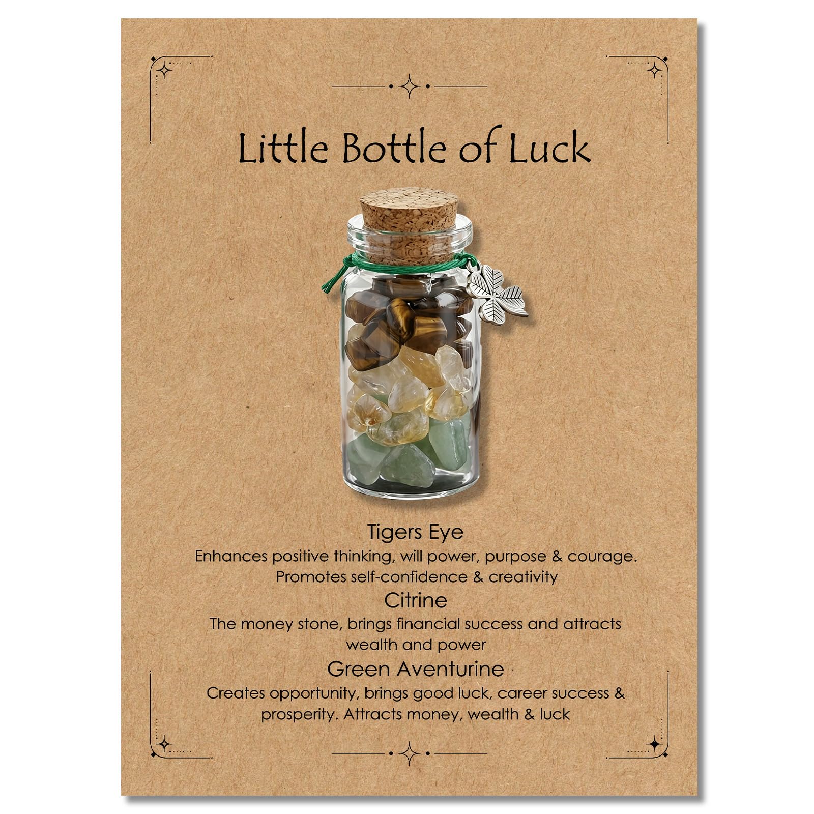 AIKOBAA Little Bottle of Luck – Glass Vial with Tiger Eye, Citrine & Green Aventurine Crystals, Good Luck Gift for Exams New Job, Positive Encouragement Present