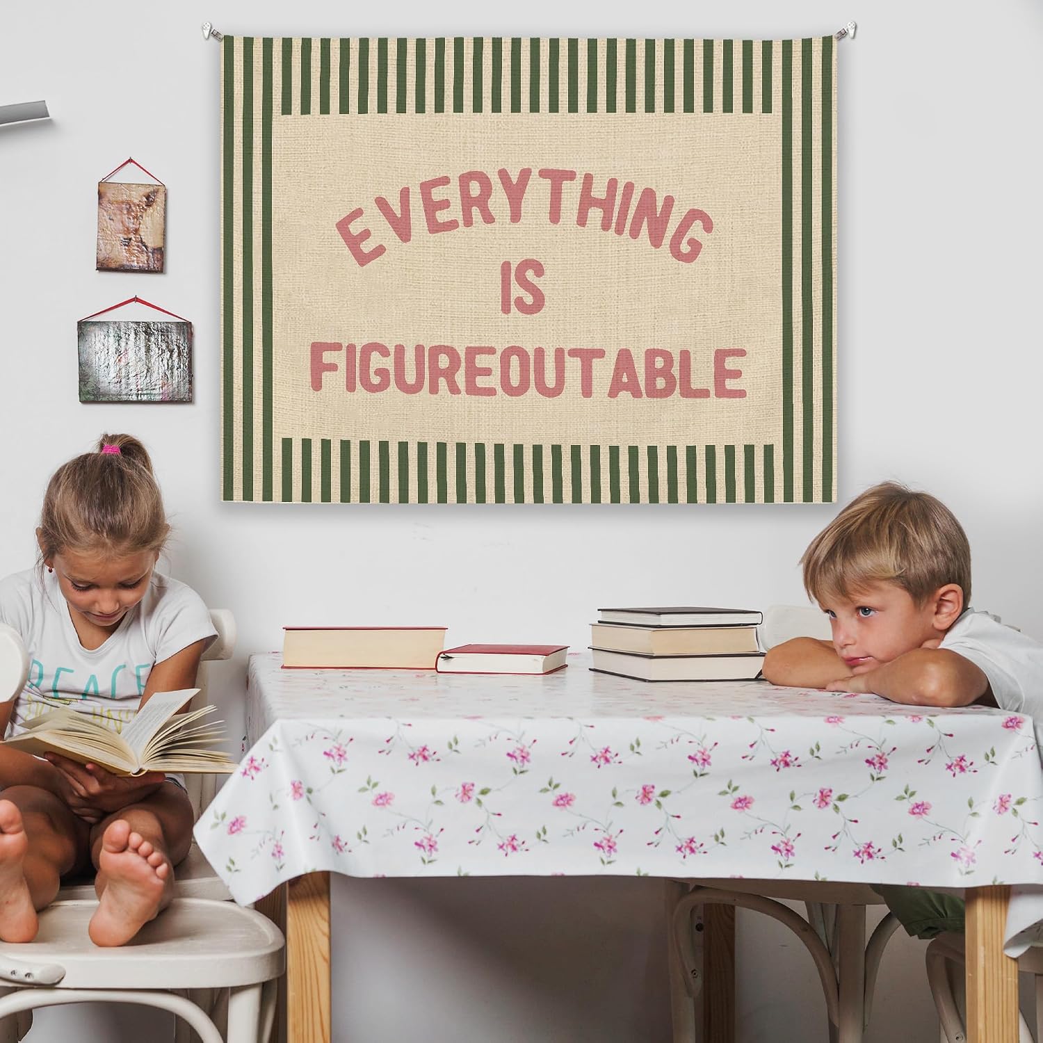 Tzhim Everything Is Figureoutable Linen Wall Tapestry, Inspirational Tapestry Wall Hanging, Retro Pink and Green Motivational Canvas Banner Hanging Walls Decor for Home Office Classroom, 30x40in