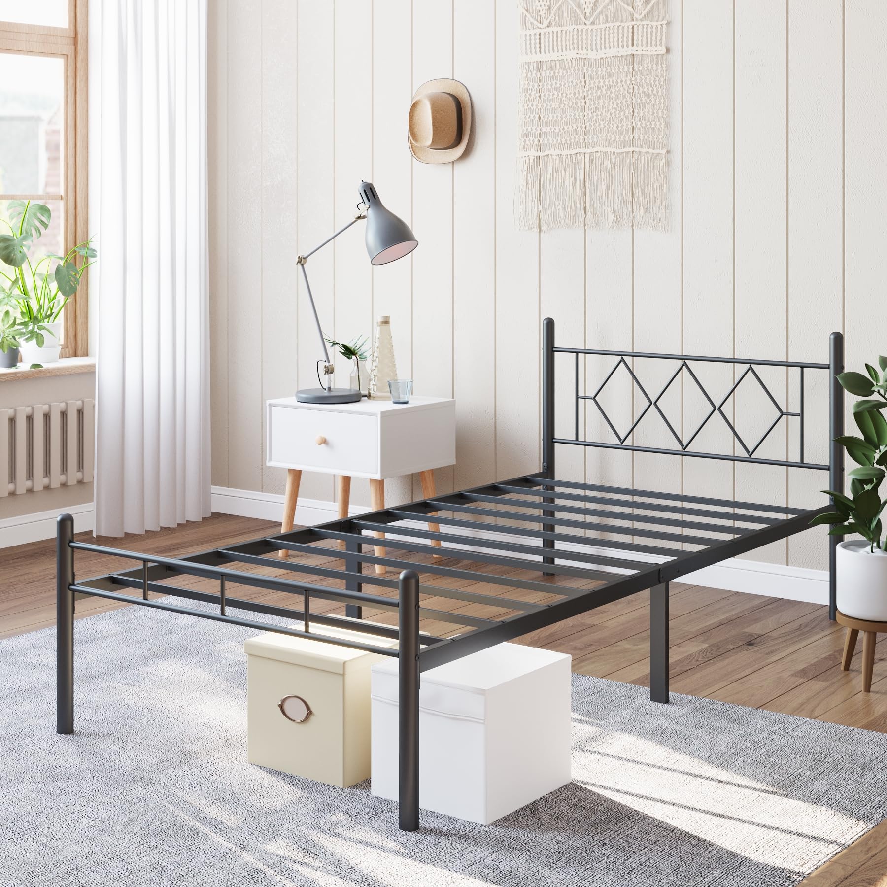 14 Inch Twin XL Size Bed Frame No Box Spring Needed,Metal Platform with Headboard and Footboard,Heavy Duty Slats Support Easy Assemble Noise Free(Black and Rhombus)
