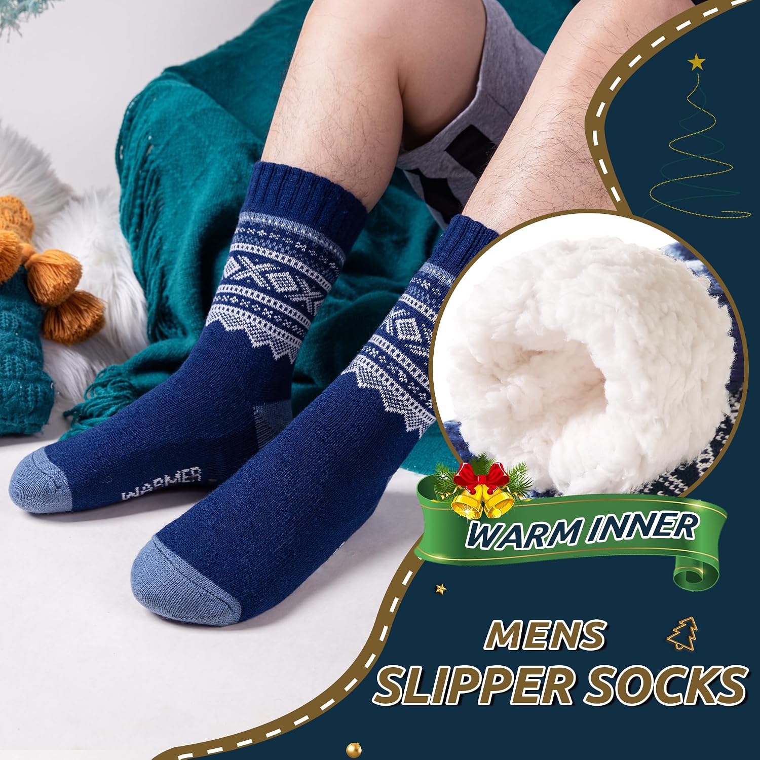 WEVIAS Men's Fleece Lined Cozy Extra Thick Slipper Socks Winter Non-Slip Fuzzy Home Sleeping Stockings