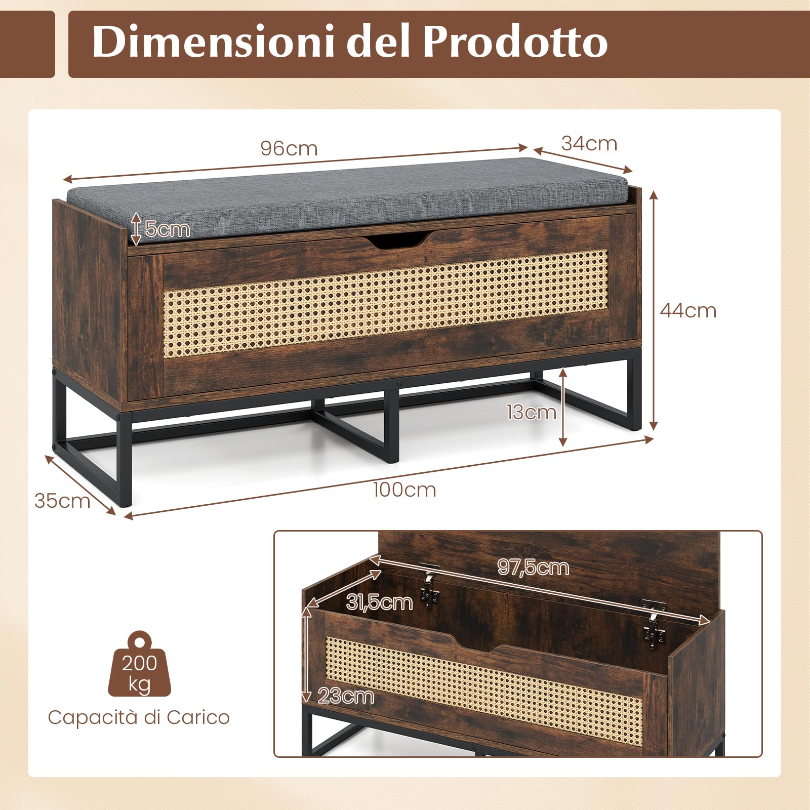 COSTWAY 71L Panca Scarpe con Seduta Imbottita, Cassa Portaoggetti in Rattan con Coperchio Ribaltabile, Panchina da Ingresso con Spazio Nascosto, 100x35x44 cm (Marrone)