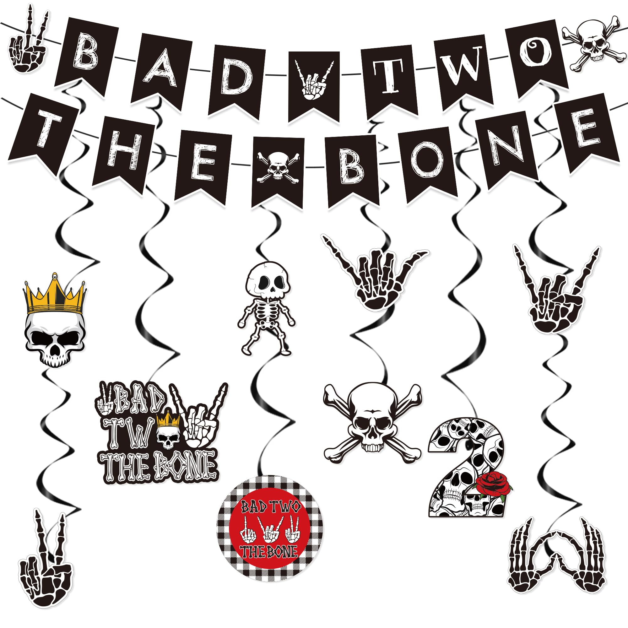 Bad 2 The Bone Birthday Party Decorations Boys Include Bad Two The Bone Banner Hanging Swirls Rock N Roll Bone Skull Second Birthday Theme Party