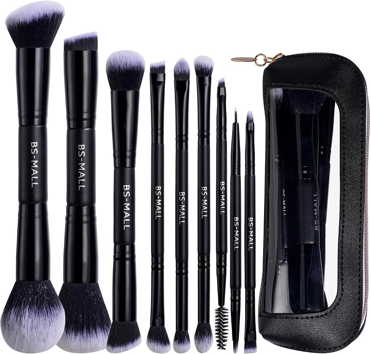 Juego de pinceles de maquillaje de doble punta con pincel corrector y pincel de base, pincel de sombra de ojos: pinceles multiusos aptos para viajes en bolsa de maquillaje para uso diario (9 UNIDADES, color negro)