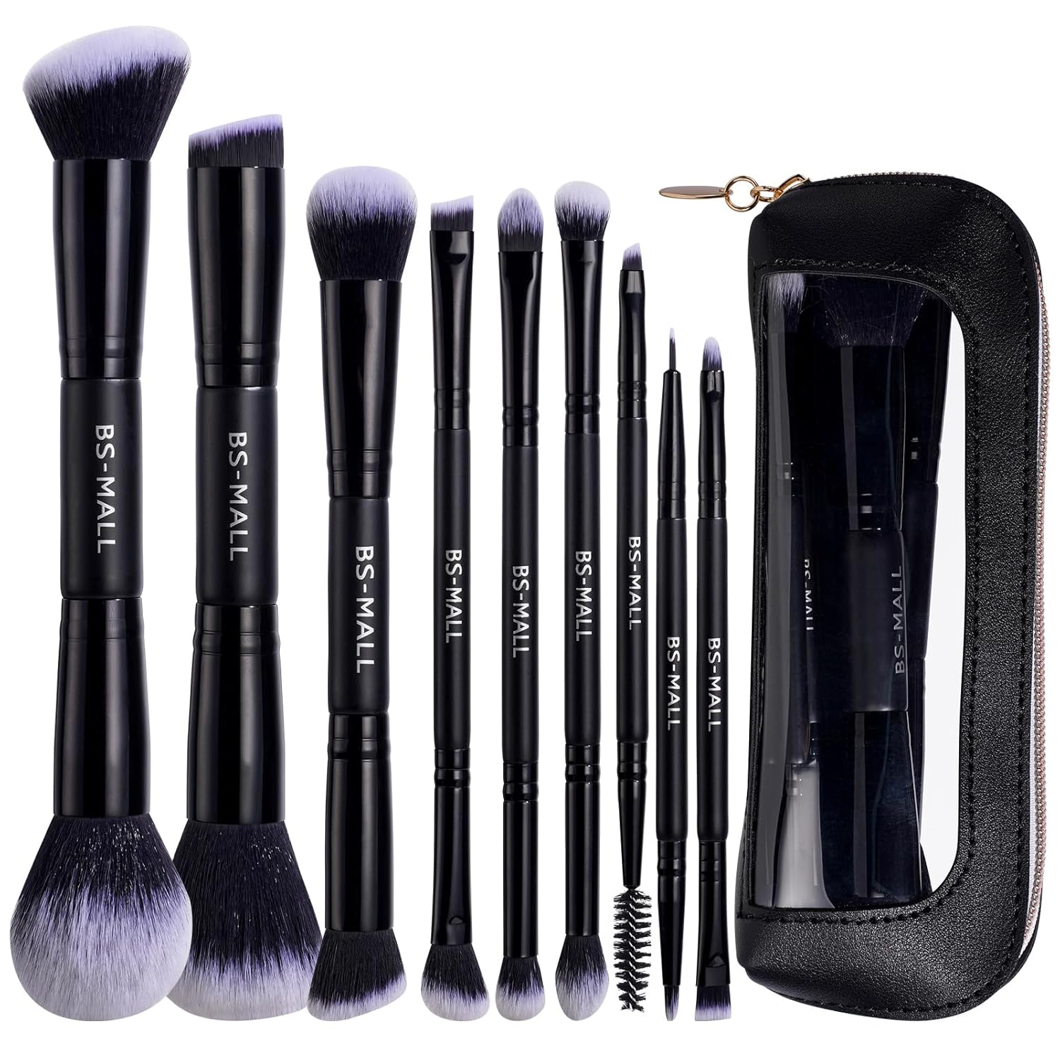 BS-MALL Double-ended Makeup Brush Set With Concealer Brush & Foundation Brush, Eyeshadow Brush- Travel-friendly Multi-purpose Brushes In Makeup Bag For Daily Use (9 PCS Black)