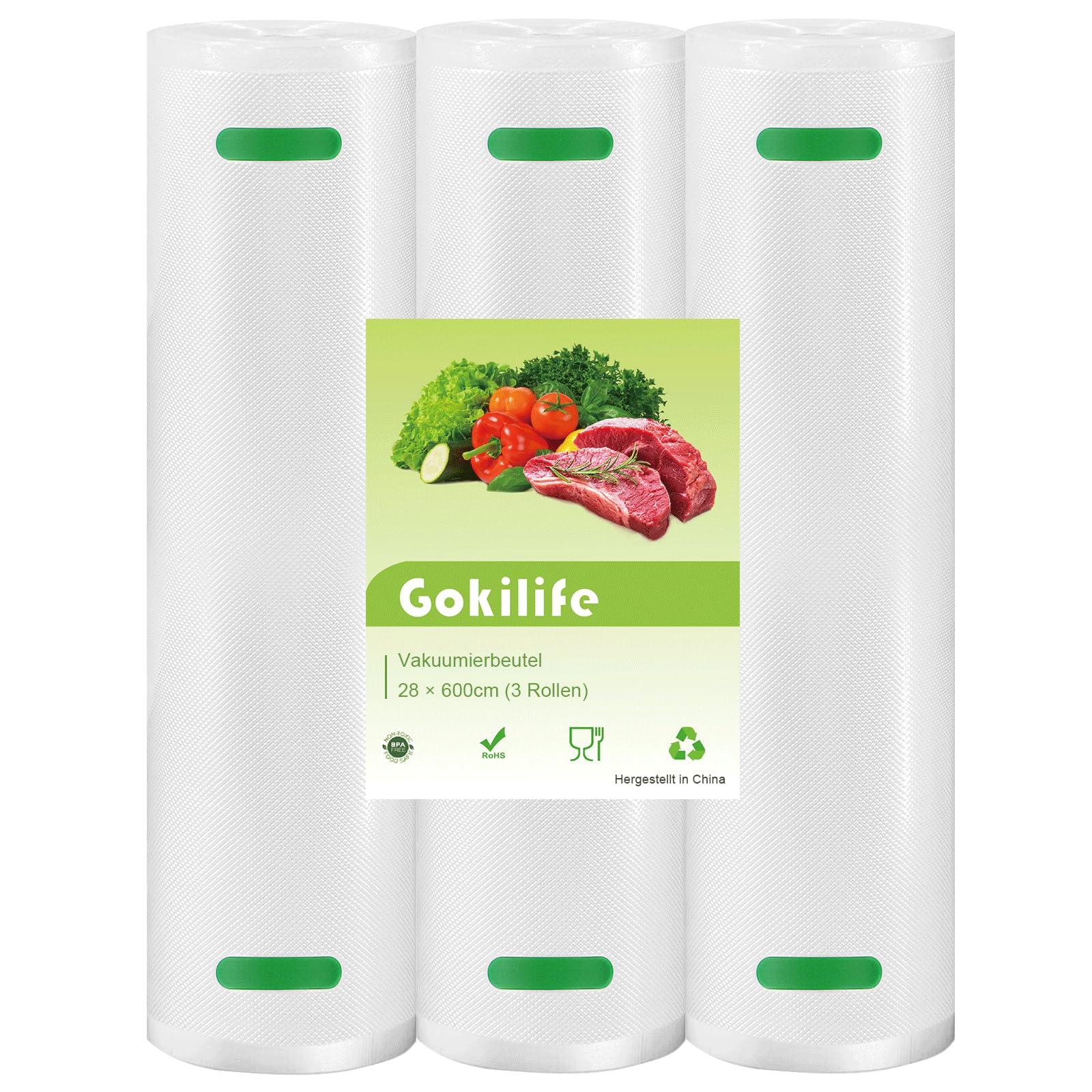 Gokilife Vakuumierbeutel - 3 Rollen 28x600cm Reißfest ca. 450µm, Vakuumierfolie für alle Vakuumierer & Lebensmittel Vakuumiergerät, Profi Folienrollen BPA-frei, Kochfest und Sous Vide Gefrierbeutel