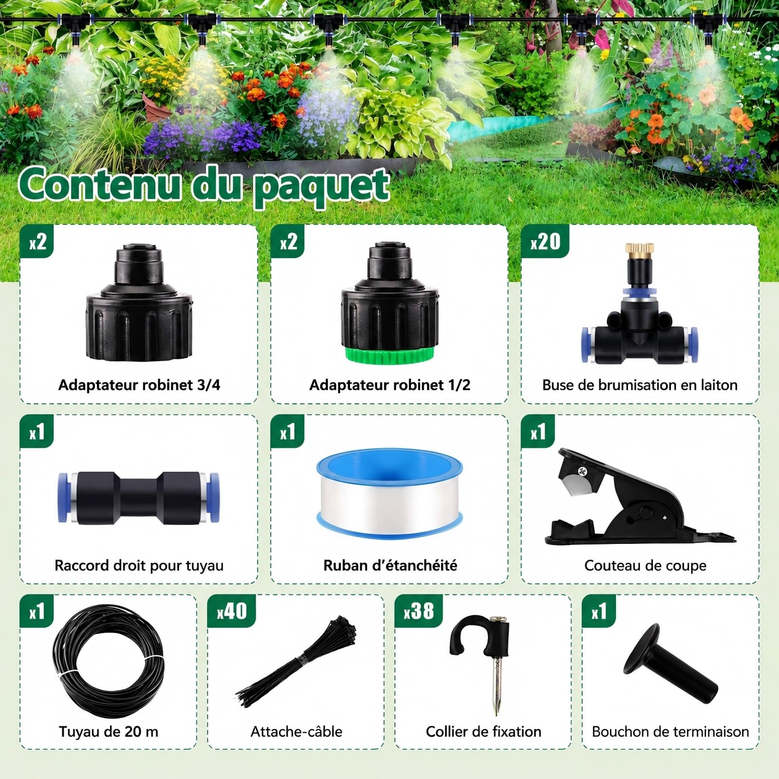 20M Système d'irrigation Jardin Kit DIY Irrigation Goutte à Goutte Kit Arrosage Pulvérisation Systèmes de Refroidissement pour Jardin pelouse Serre Plantes