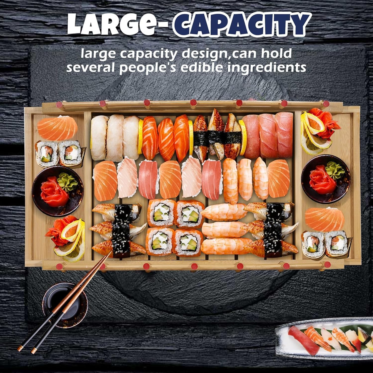Wooden Sushi Boat Bridge – Large Sushi Serving Tray for Japanese Food Display, Sushi Platter, Sushi Train Dining, Party Serving Board, Restaurant & Home Kitchen Decoration(14.9X7.4X5in)