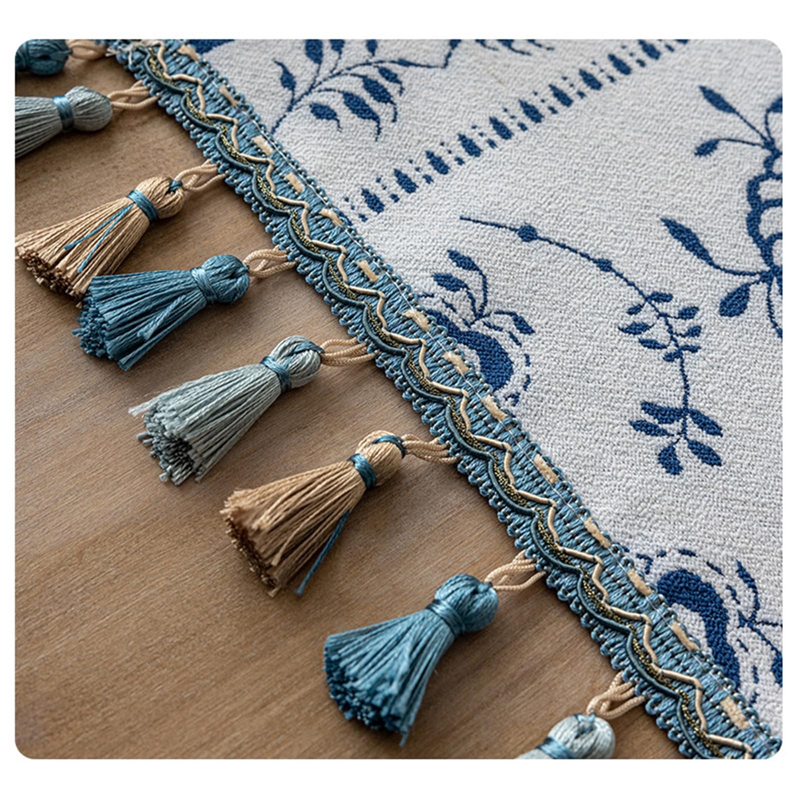 Tischläufer Hochzeit Polyester, Tischläufer Landhausstil 35x240 cm, Leinenoptik mit Blauem Blumenjacquard